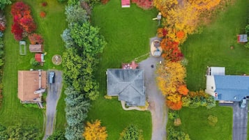 An aerial view of a residential area with houses, a driveway, and a variety of trees.