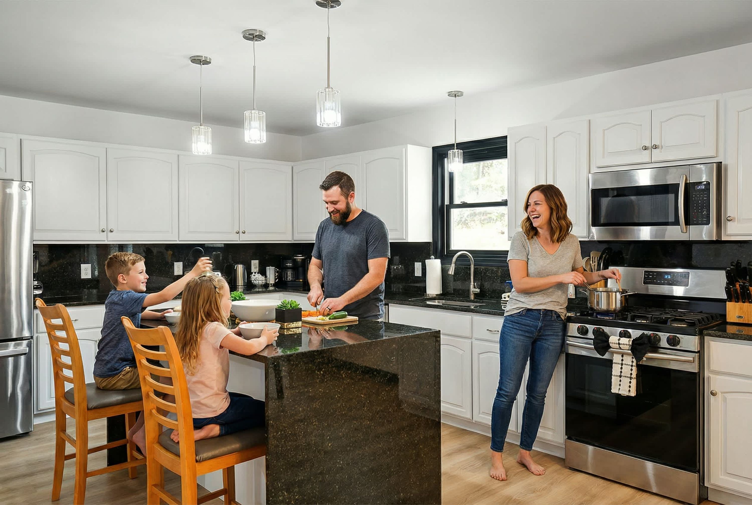 Une cuisine moderne avec des meubles blancs, un îlot central, des appareils en acier inoxydable et des luminaires suspendus.