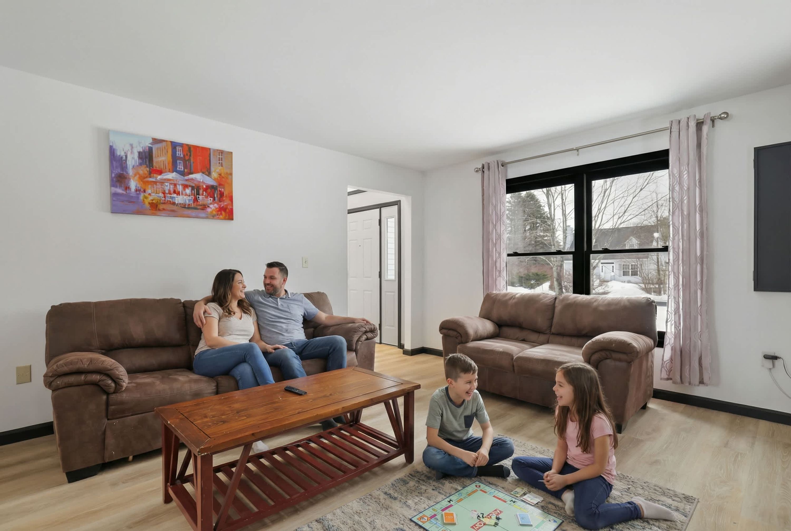Una sala de estar con dos sofás, una mesa de centro y una alfombra. Hay un cuadro en la pared y una ventana con cortinas.