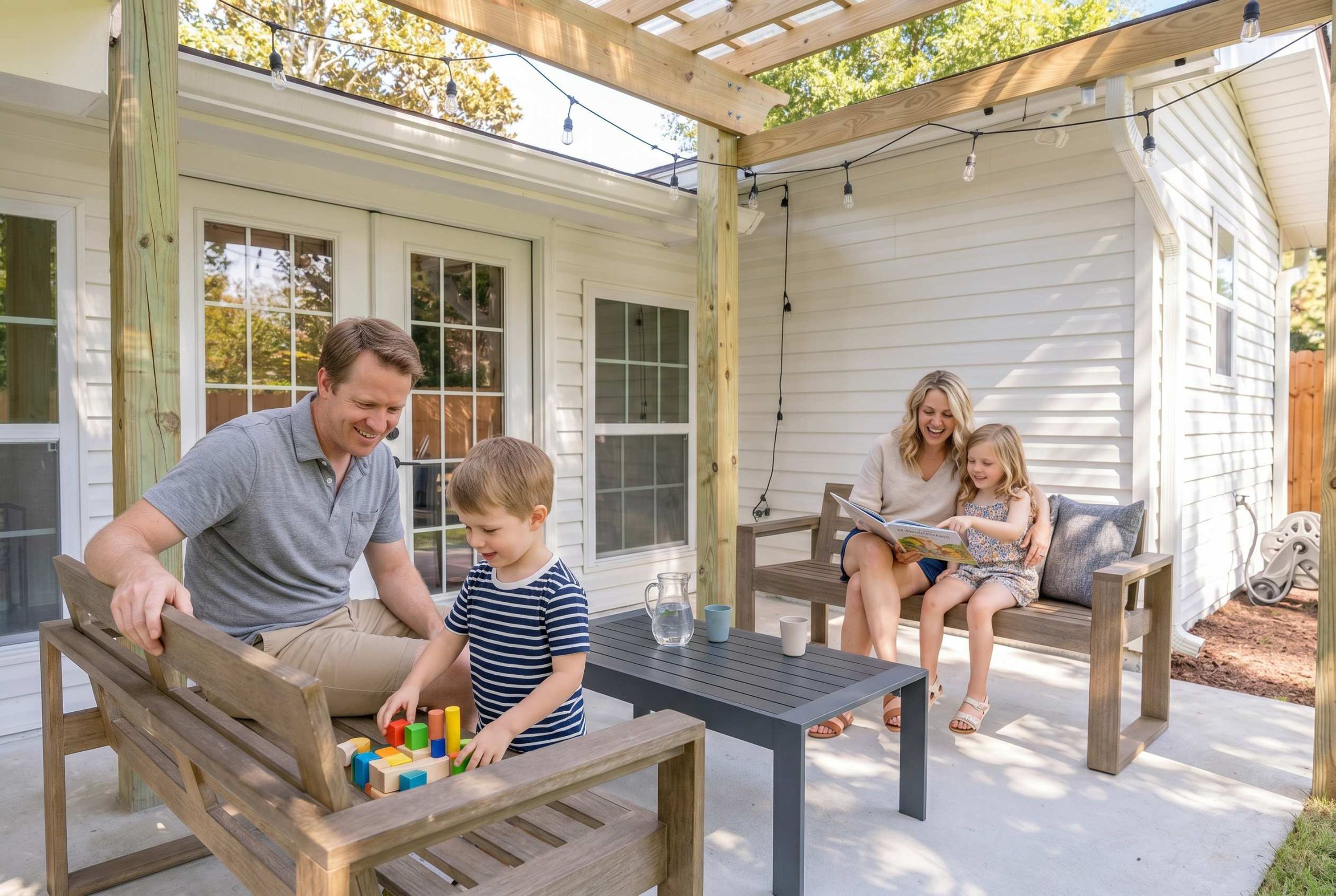 A family of four seated on wooden benches and chairs in a covered outdoor patio area with string lights overhead.