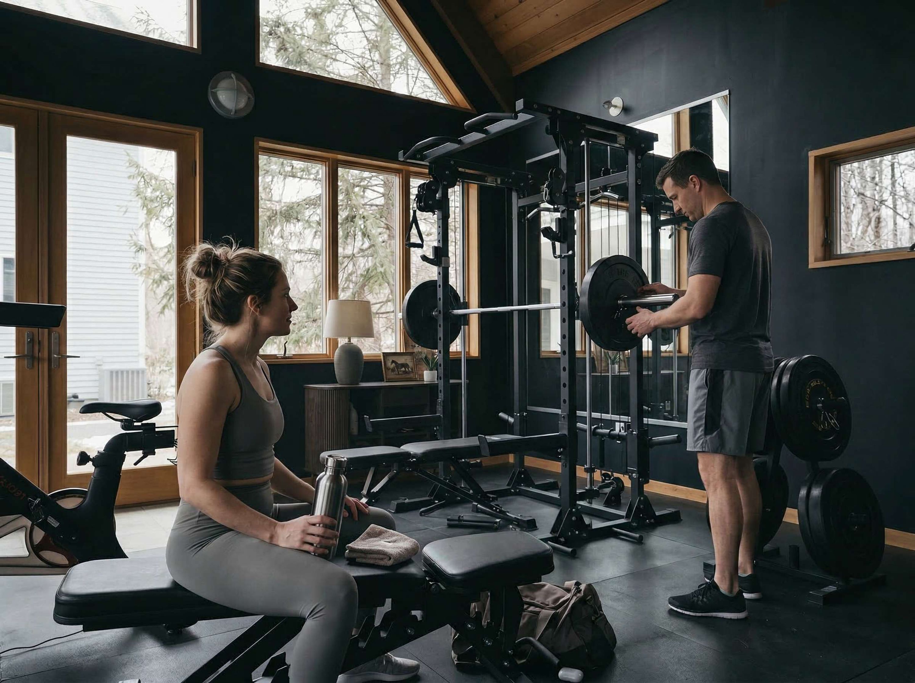 A gym with a weightlifting station, exercise equipment, and a bench.