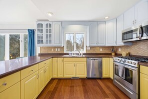 A modern kitchen with yellow cabinets, stainless steel appliances, and a large window. - Sleeps 20 Sport Court Game Room Sauna Spa (Asheville)