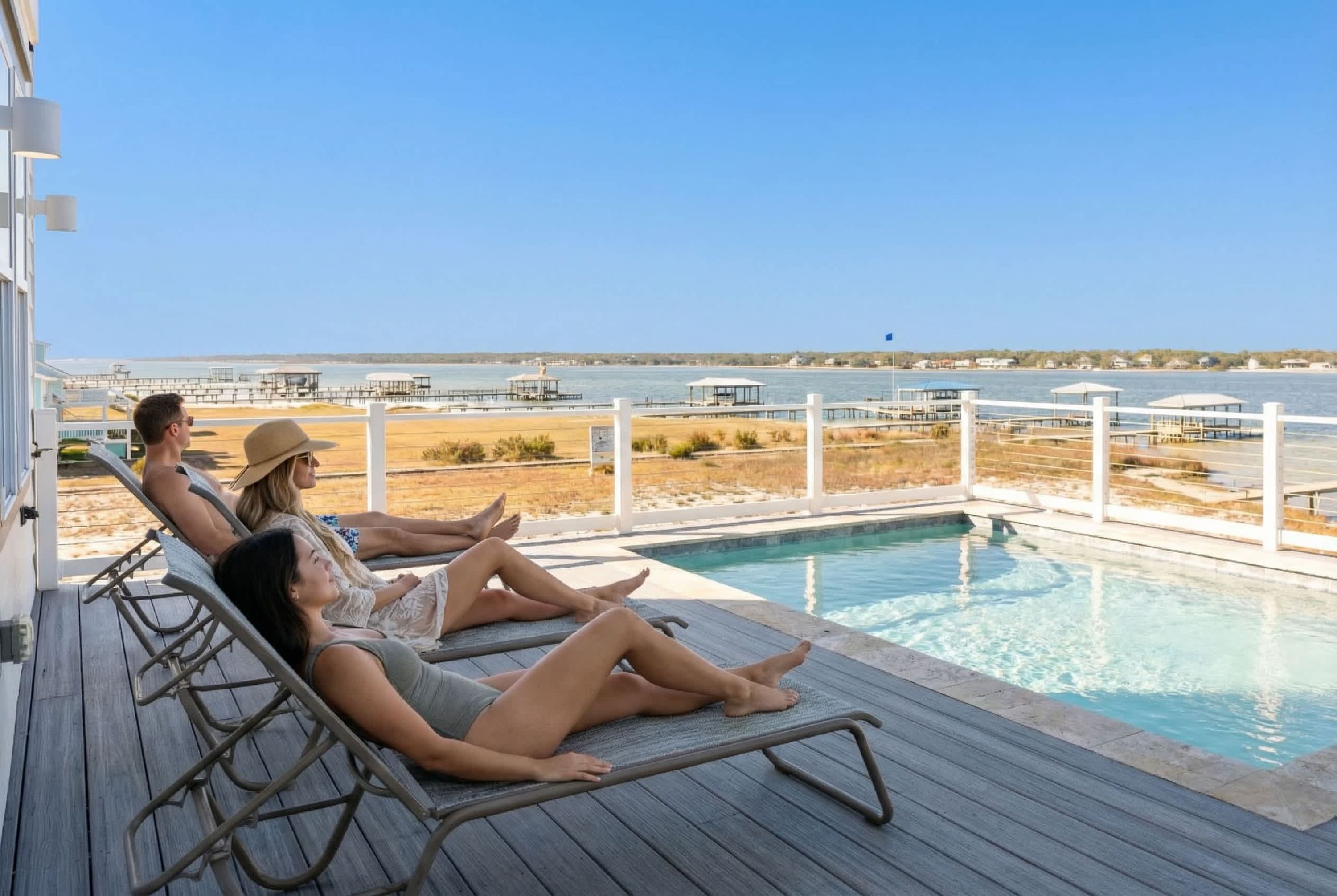 Zona de piscina con sillones de descanso y vista a un cuerpo de agua.