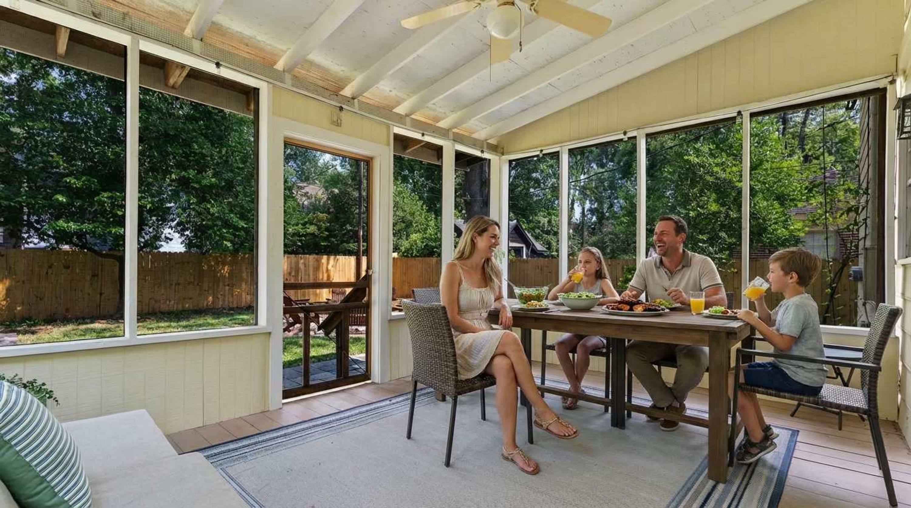 A covered patio with a table set for a meal, surrounded by large windows.