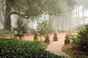 Um caminho serpenteia por um jardim com árvores grandes e plantas em vasos.