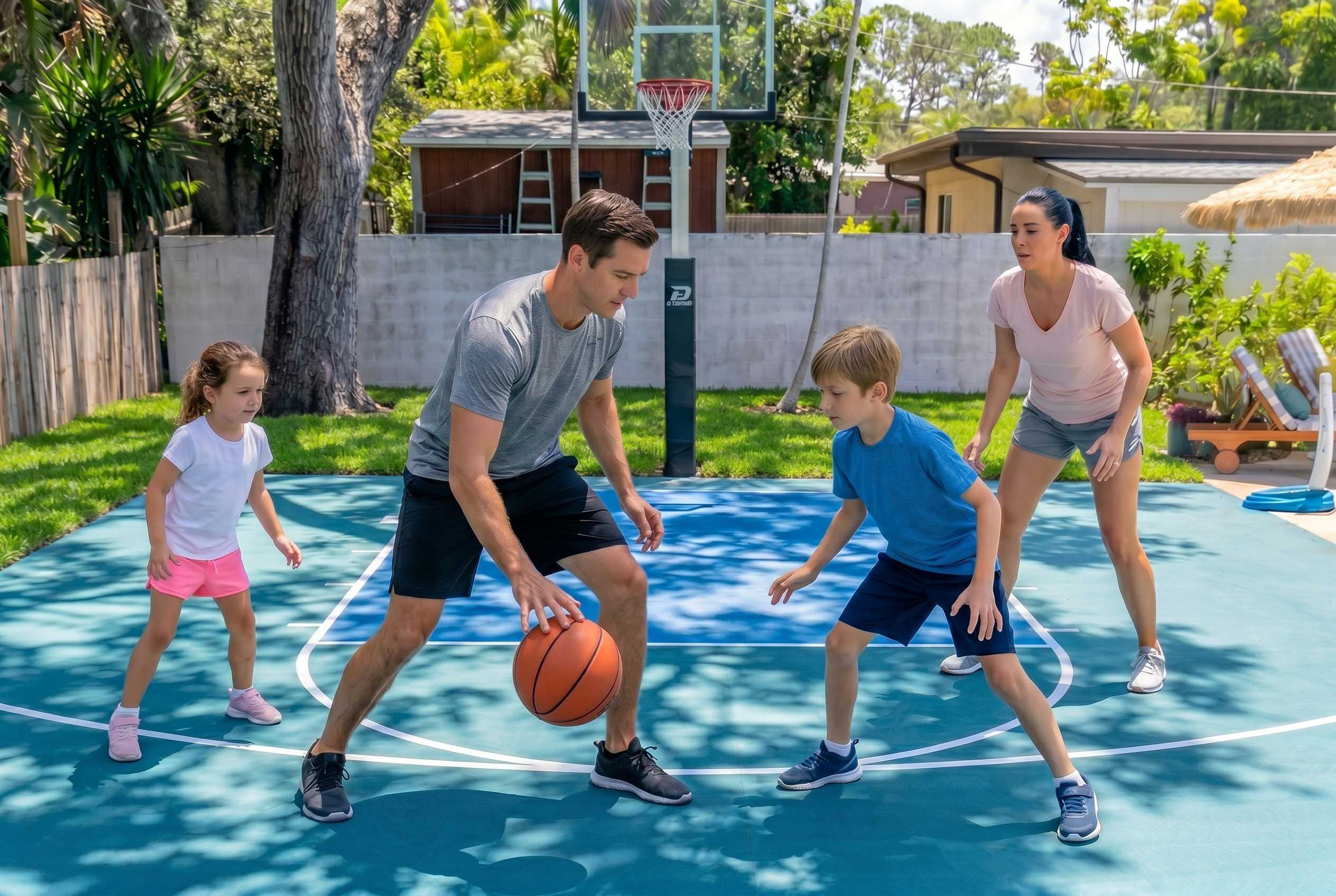 A basketball court with a hoop, surrounded by greenery and a house in the background.