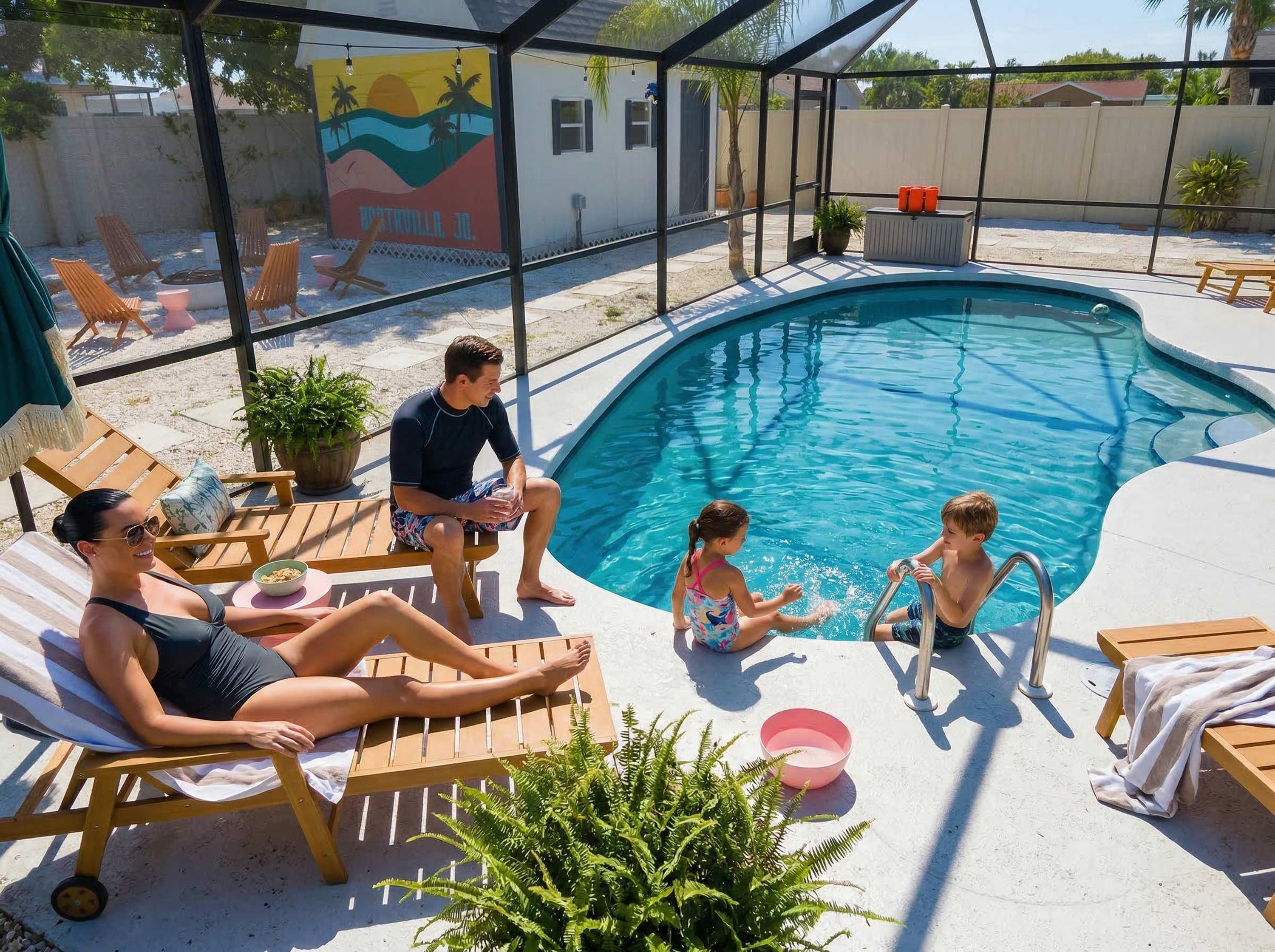 Une piscine avec des chaises longues et une fresque murale en arrière-plan.