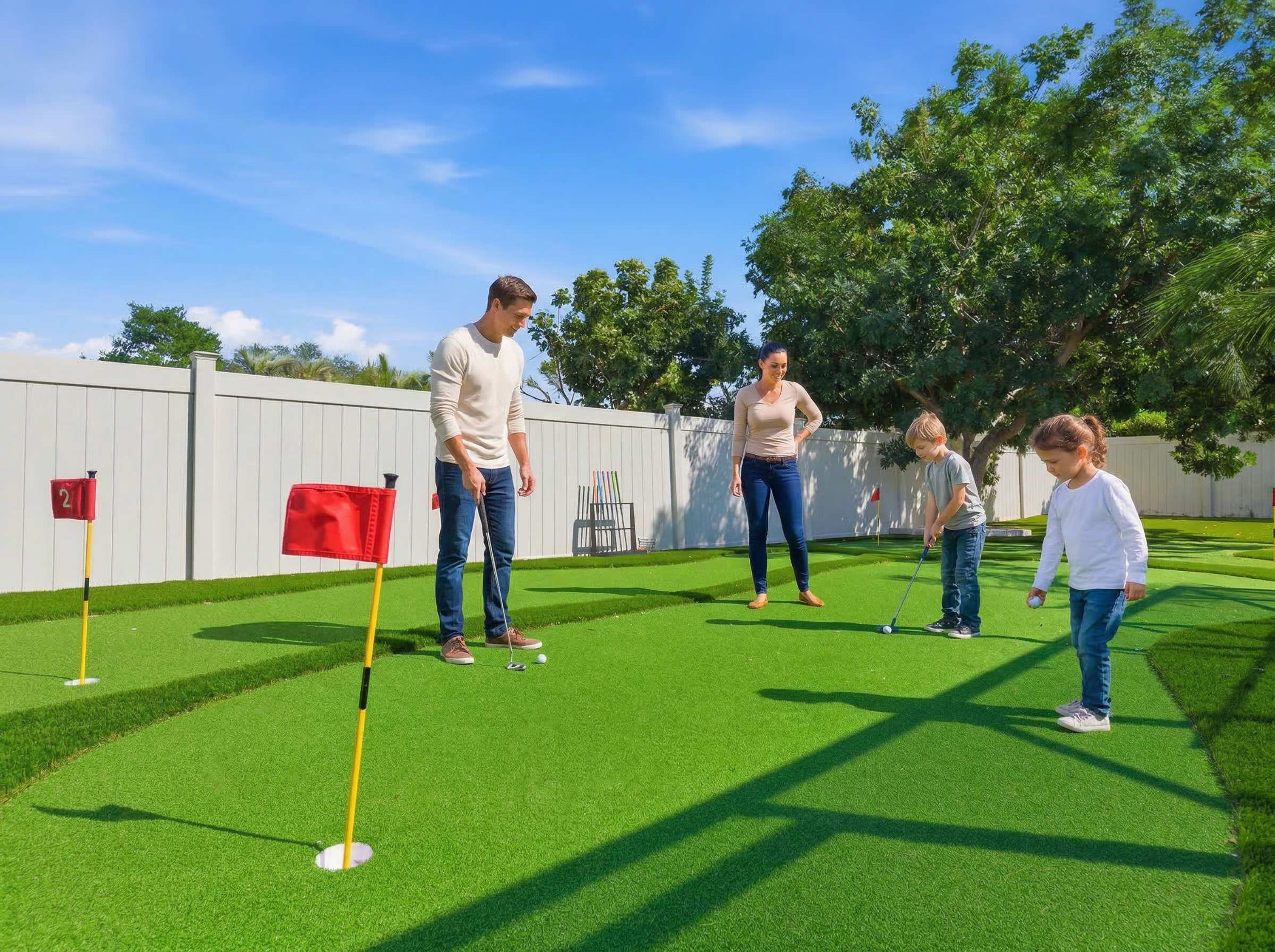 A group of people playing golf on a green field with a white fence in the background.