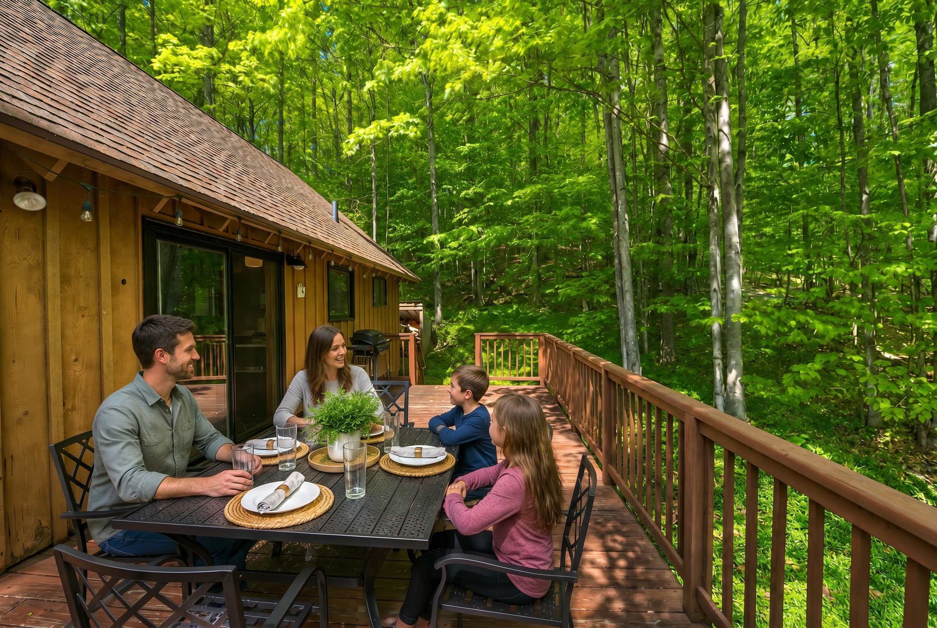 A wooden deck with a table set for four people, surrounded by a forest.