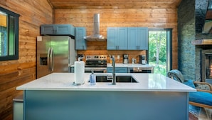Een moderne keuken met houten wanden, een centraal eiland, roestvrijstalen apparatuur en een stenen open haard.