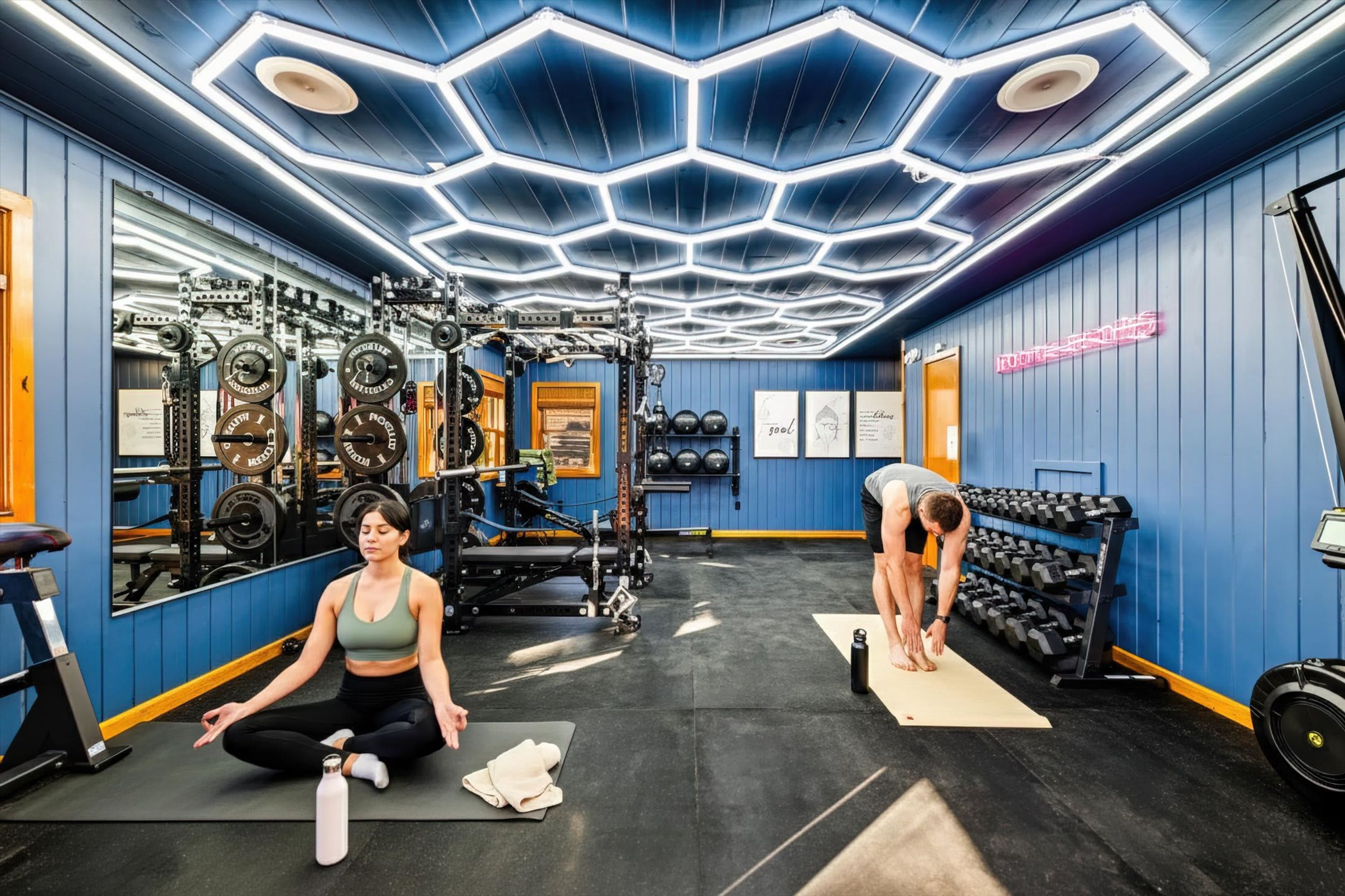 A gym with blue walls, a hexagonal ceiling design, and various exercise equipment.