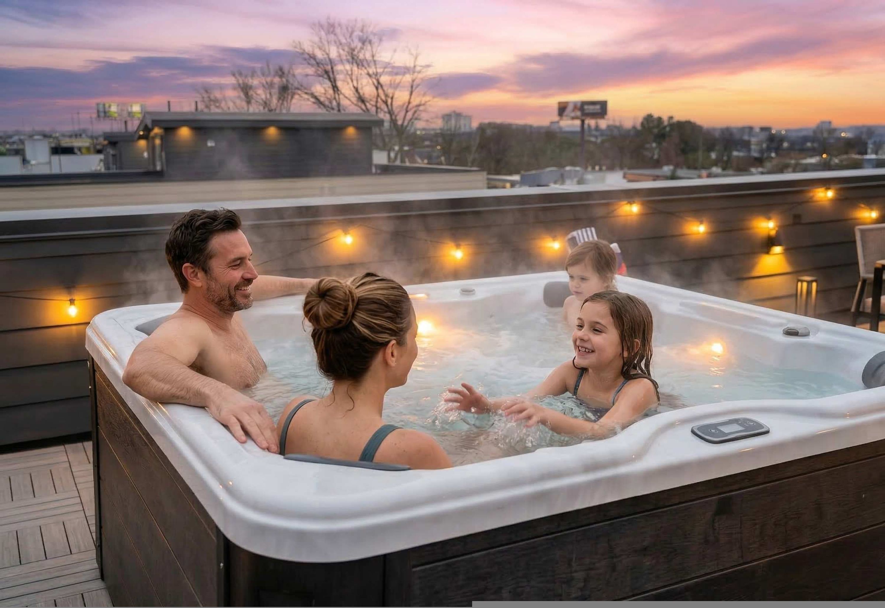 Une famille se détend dans un jacuzzi en admirant le coucher de soleil.