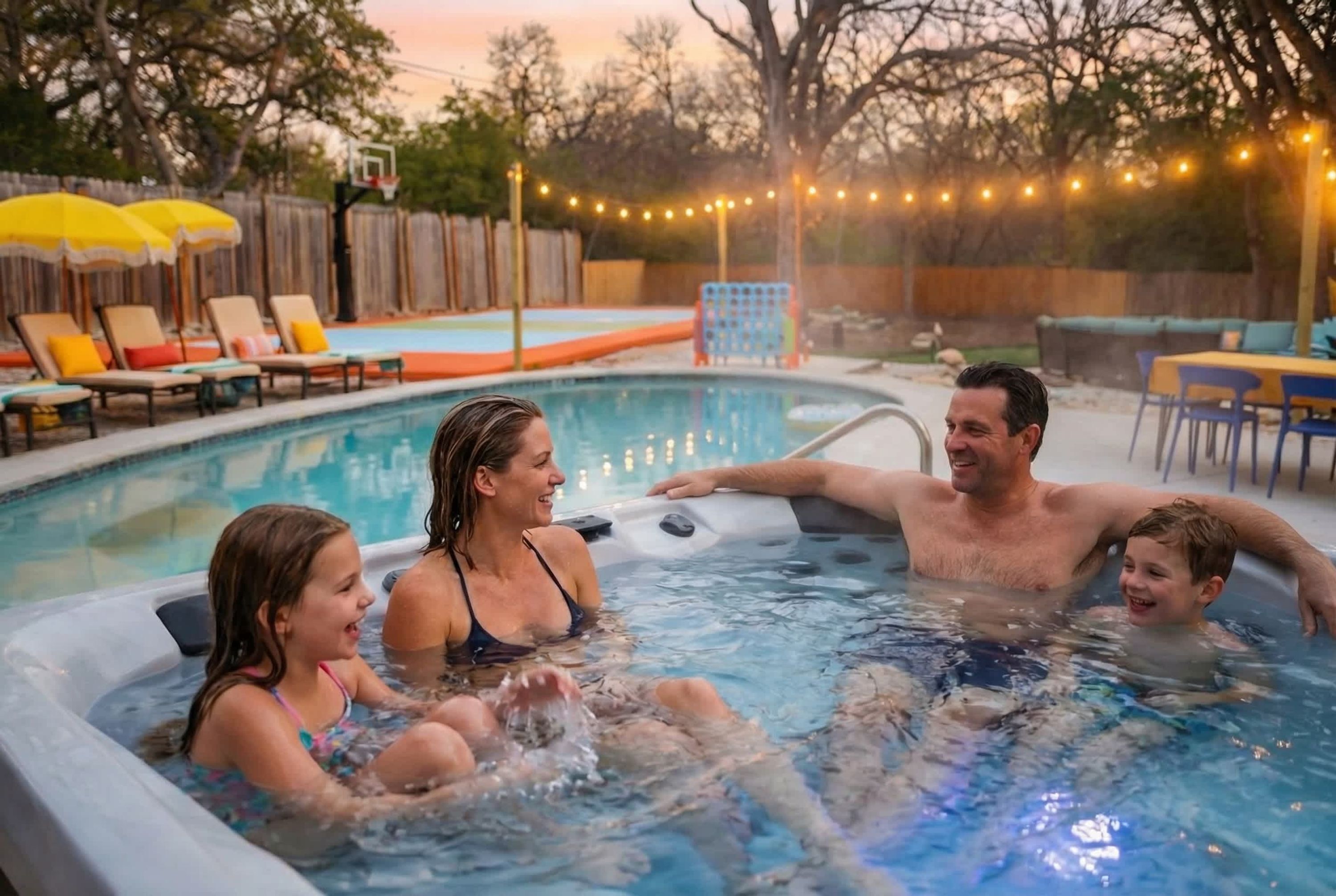 A family enjoying a hot tub with a pool and lounge chairs in the background.