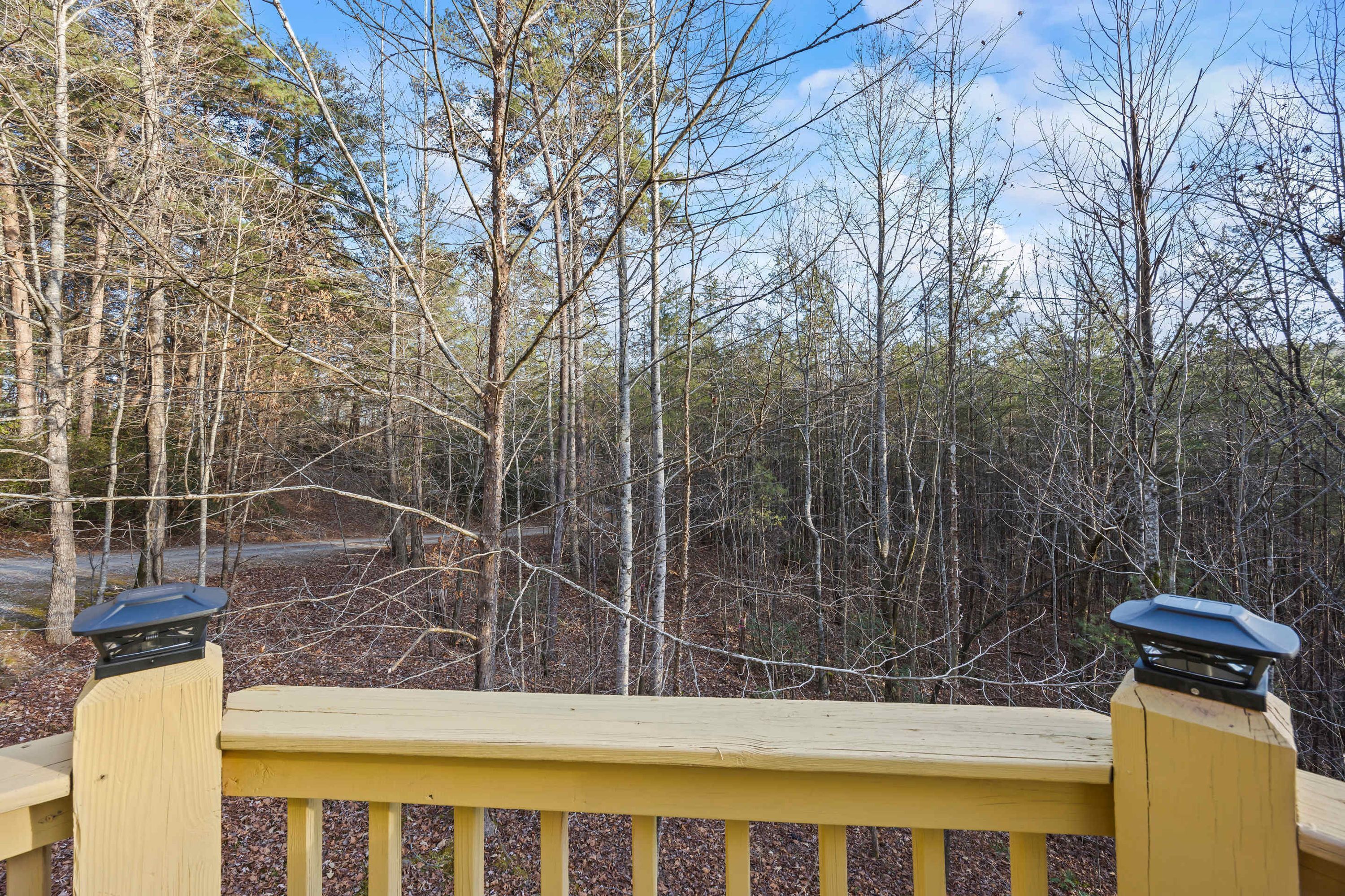 Une terrasse en bois dotée d’une rambarde, qui offre une vue sur une zone boisée avec de grands arbres.