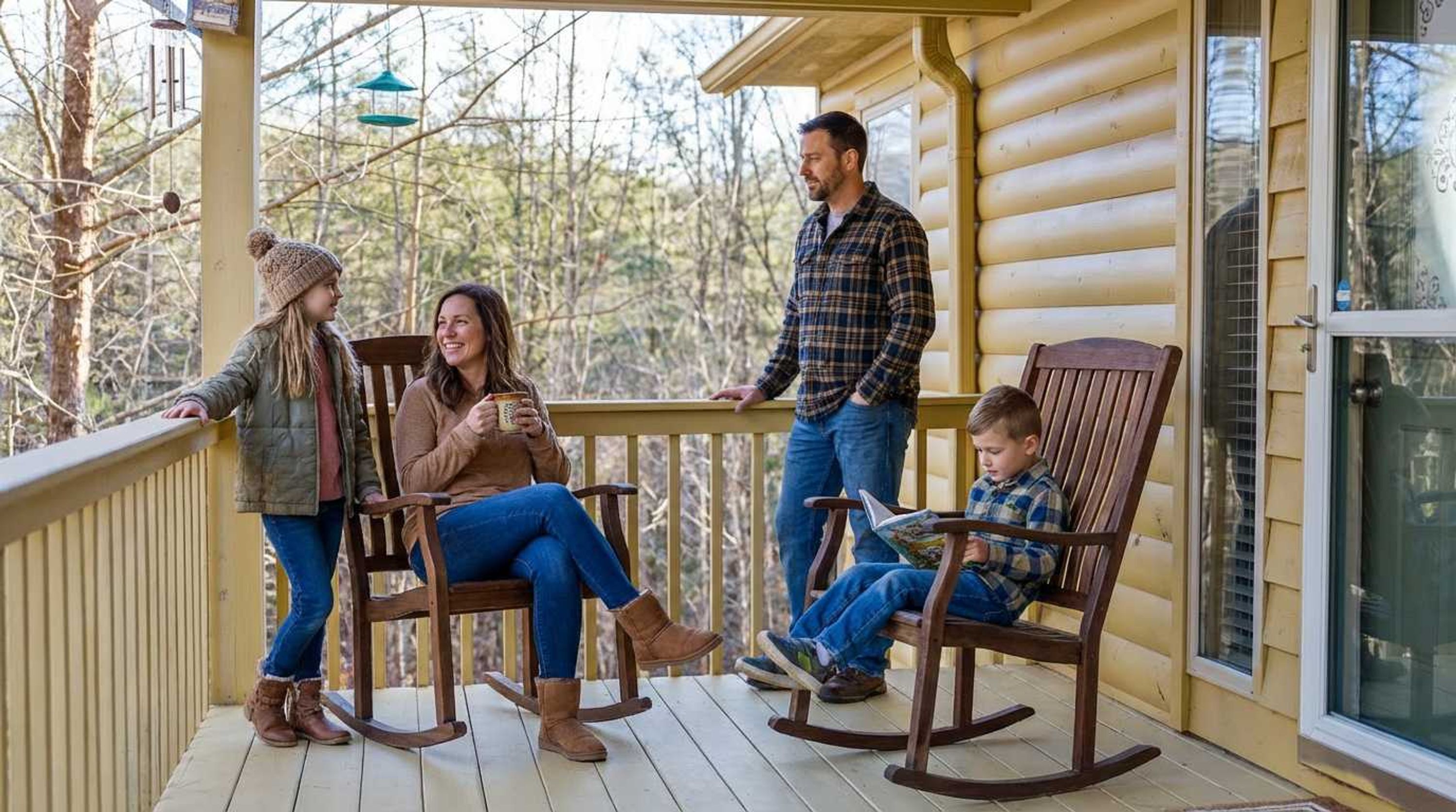 A wooden deck with rocking chairs, a wooden railing, and a glass door.