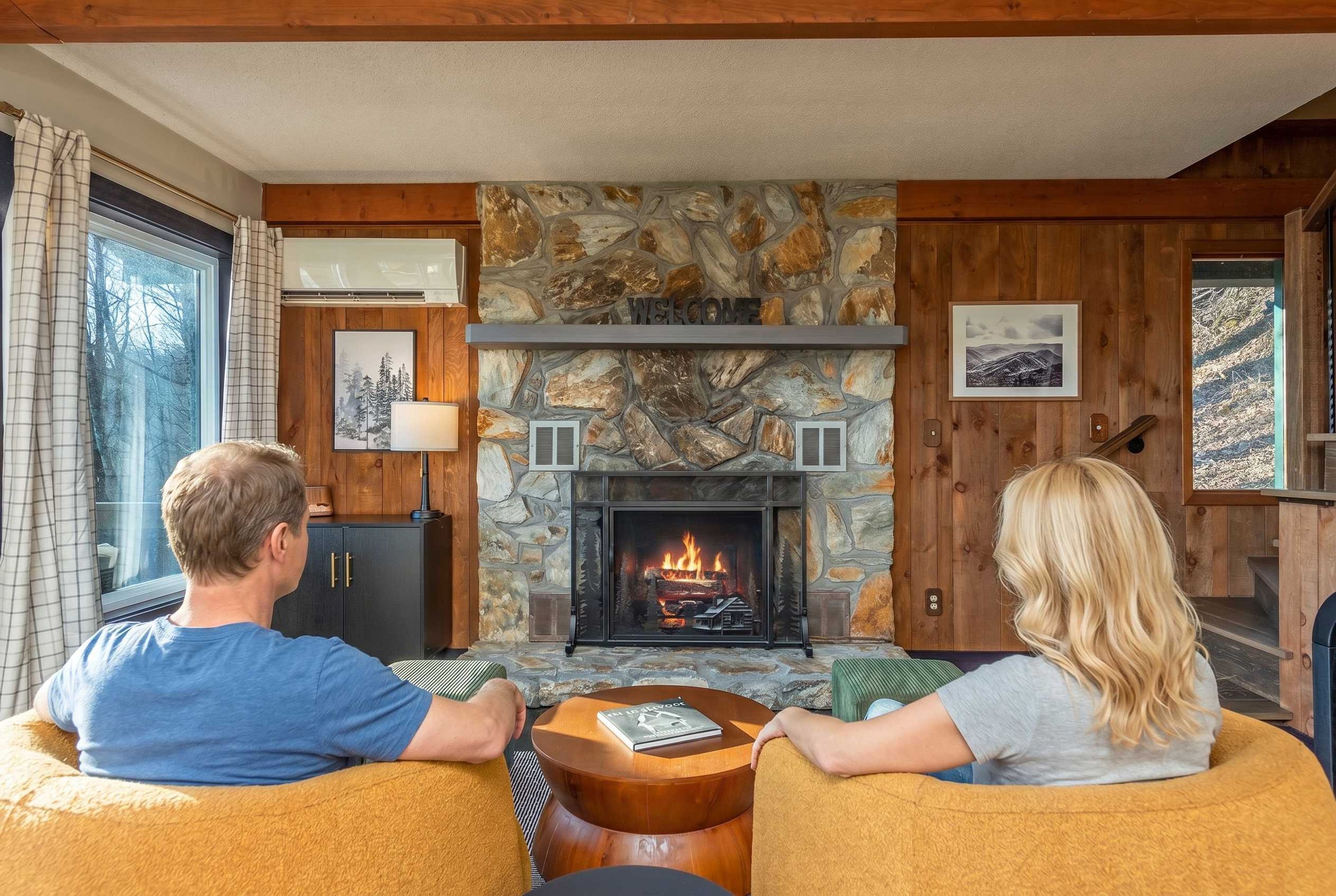 Ein gemütliches Wohnzimmer mit Kamin aus Stein, Holzwänden und Blick ins Freie.