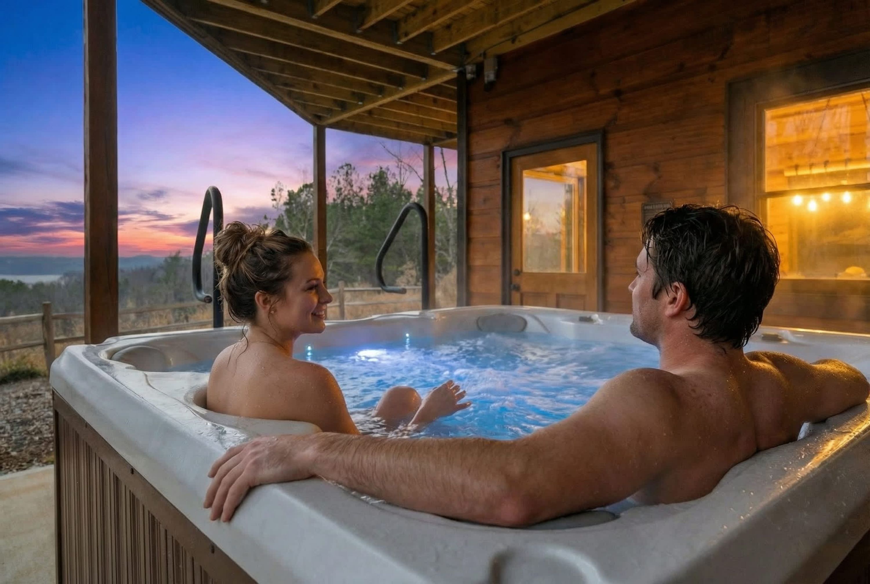 Una cabaña de madera con jacuzzi y vistas al paisaje.