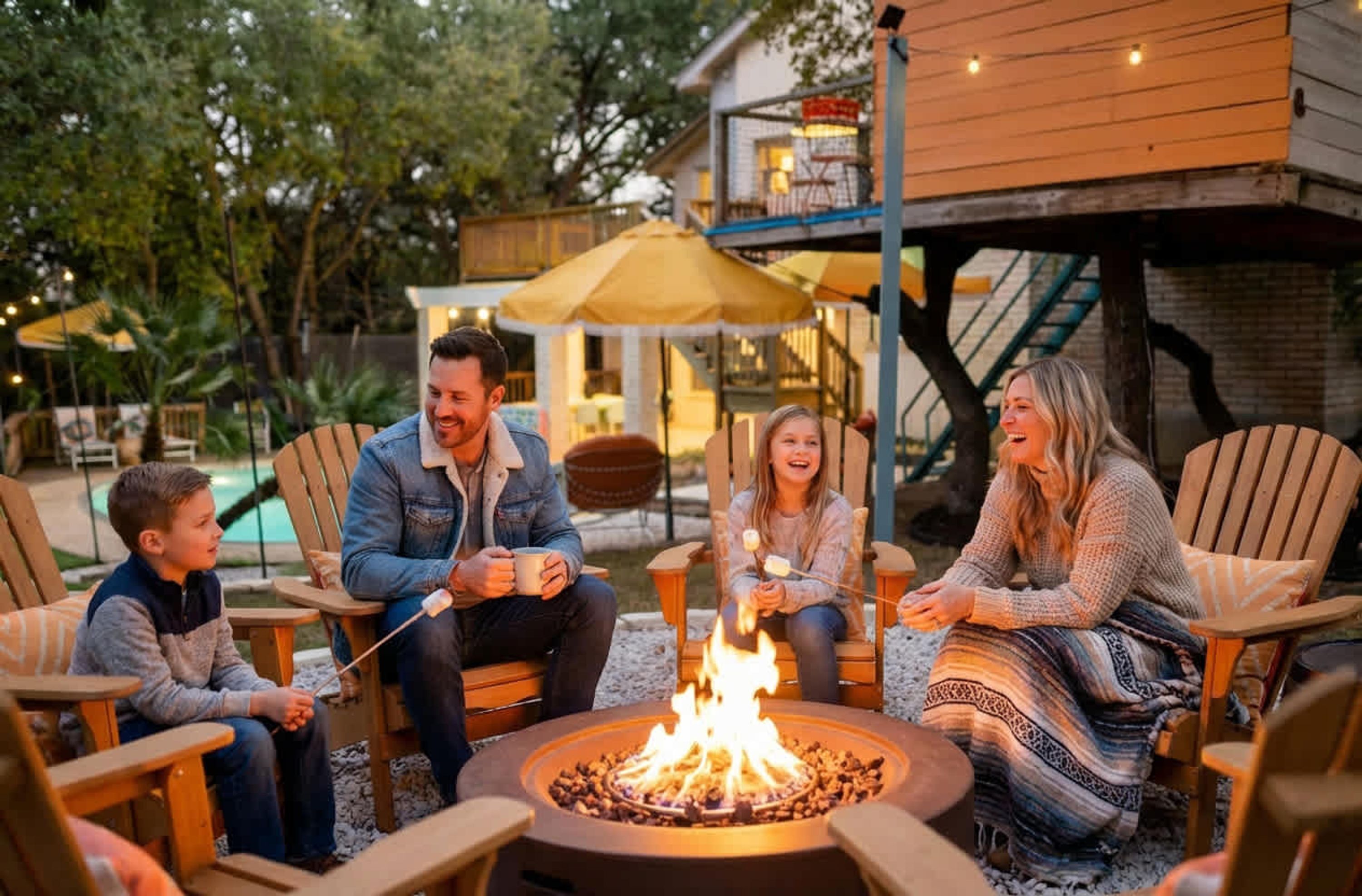 A family gathered around a fire pit with a pool and outdoor furniture in a backyard setting.