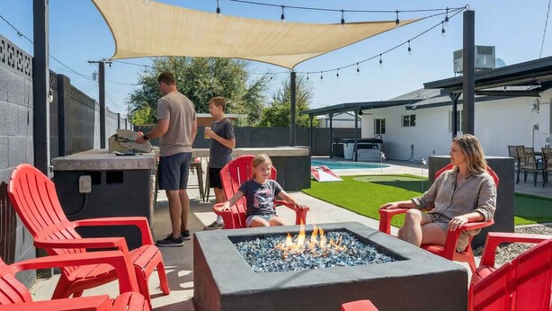 Eine Terrassenanlage im Freien mit einem Feuerkorb, roten Stühlen und einem Tisch, an dem sich Personen befinden.
