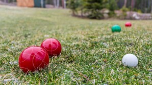 A grassy area with four sports balls. - Lakeside Montana Hot Tub Game Room (Lakeside)