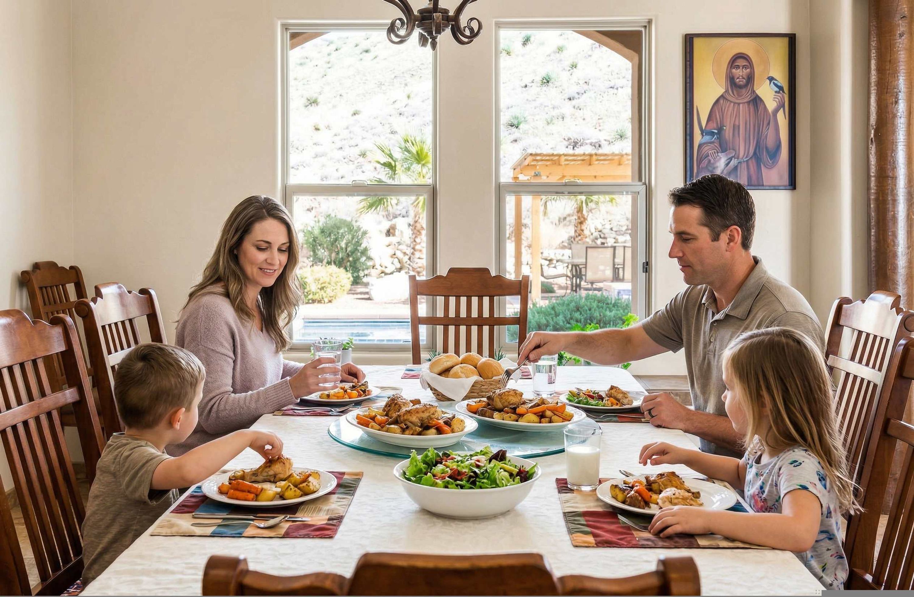 A family dining at a table with various dishes, a chandelier, and a view of the outdoors.