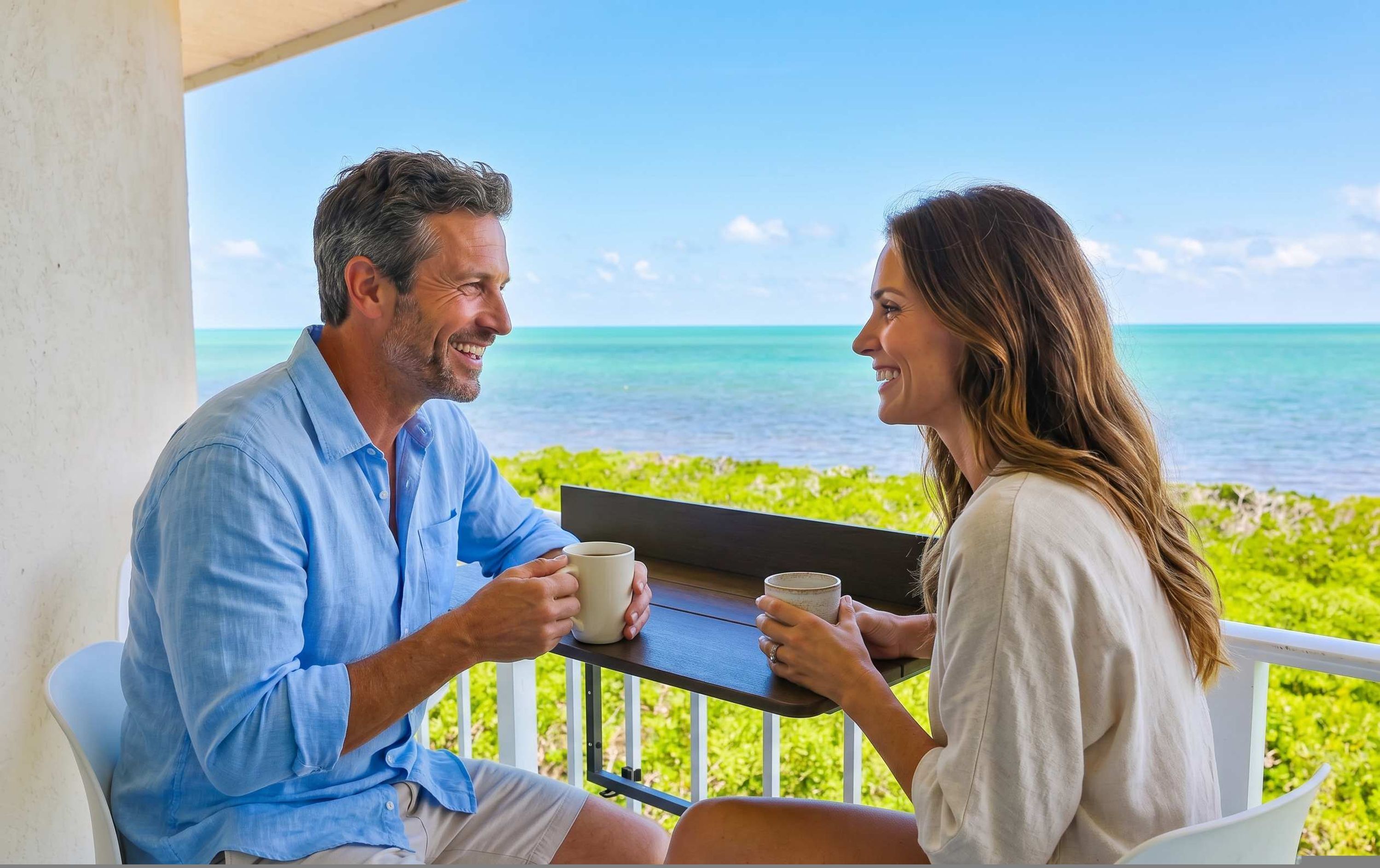 Two people seated at a table with a view of the ocean.