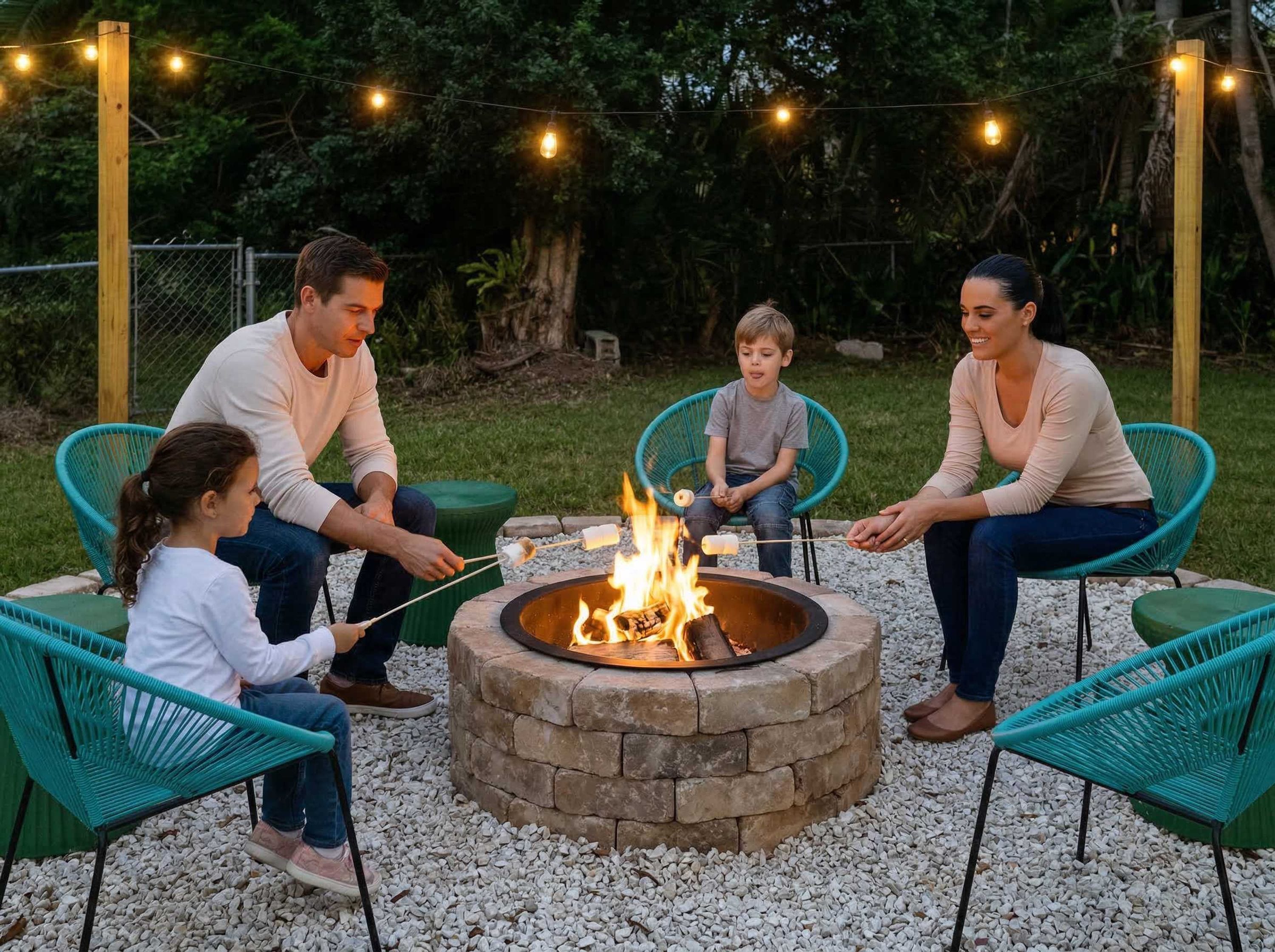 Una familia reunida alrededor de un brasero con luces colgantes.