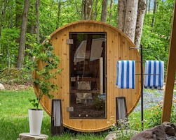 A wooden cabin with a glass door, a potted plant, and towels hanging on a rack.