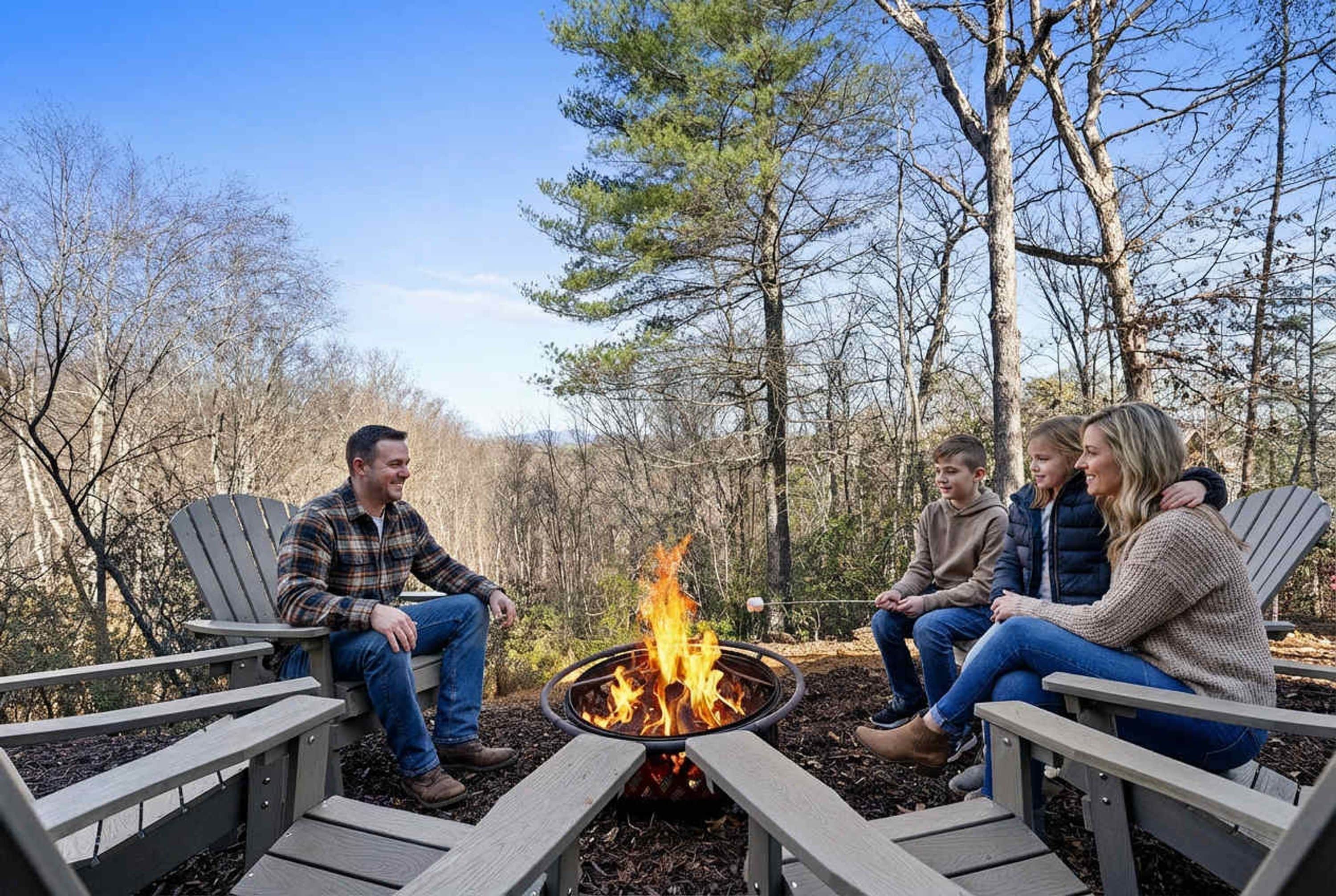 Eine Gruppe von Menschen sitzt um eine Feuerstelle in einer Gartenanlage mit Bäumen im Hintergrund.