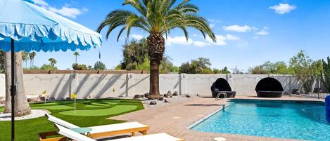 A swimming pool with lounge chairs and a palm tree.