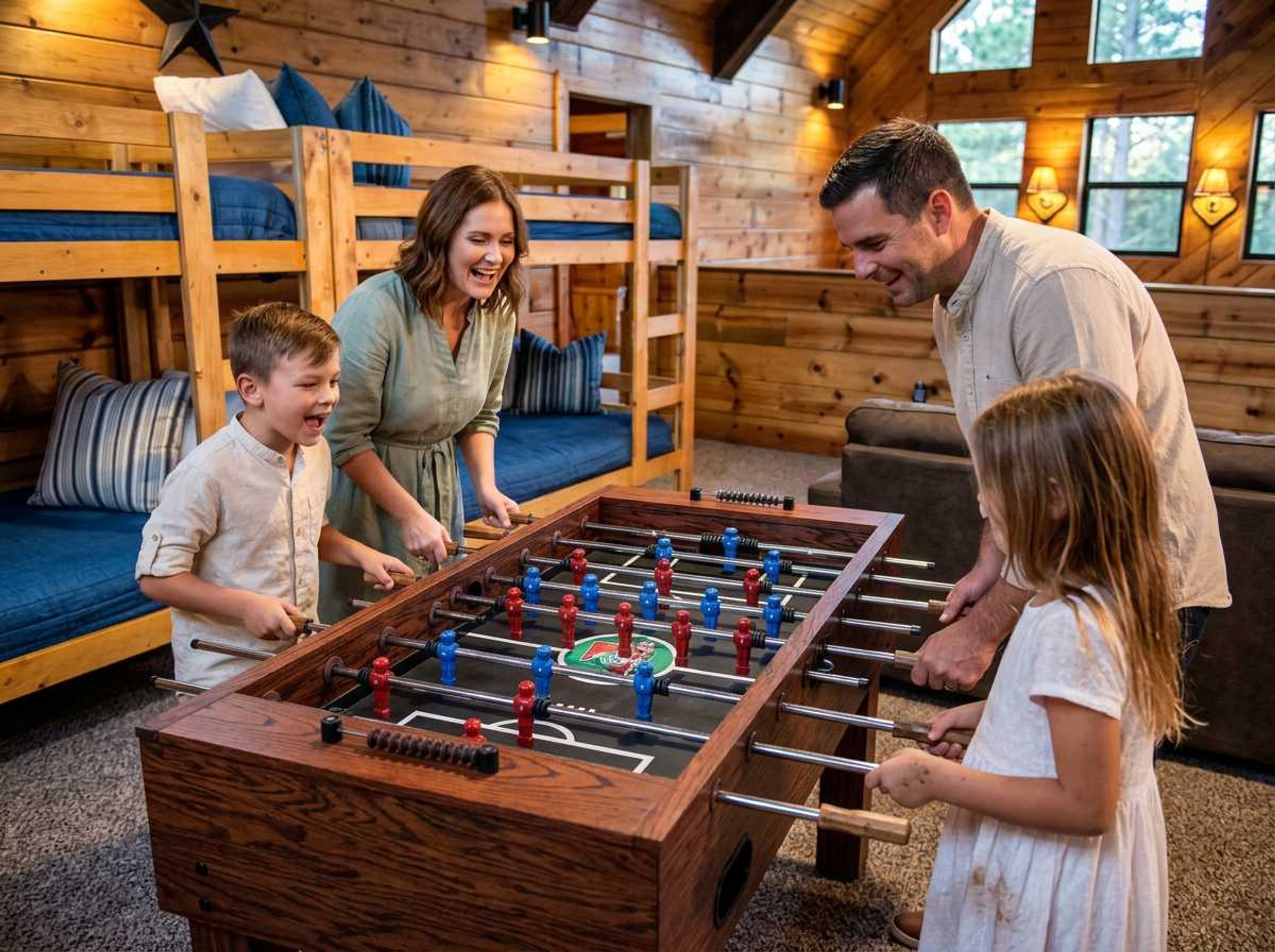 A family playing foosball in a cabin with wooden walls and a bunk bed.