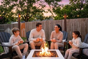 Eine Gruppe von Menschen sitzt an einer Feuerstelle im Freien, im Hintergrund ist ein Holzzaun und Lichterketten zu sehen.