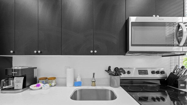 A modern kitchen with dark cabinets, a built-in microwave, a coffee maker, and a stainless steel sink. - Pineapple Paradise - 13 min to Beach - Fire Pit (Sarasota)