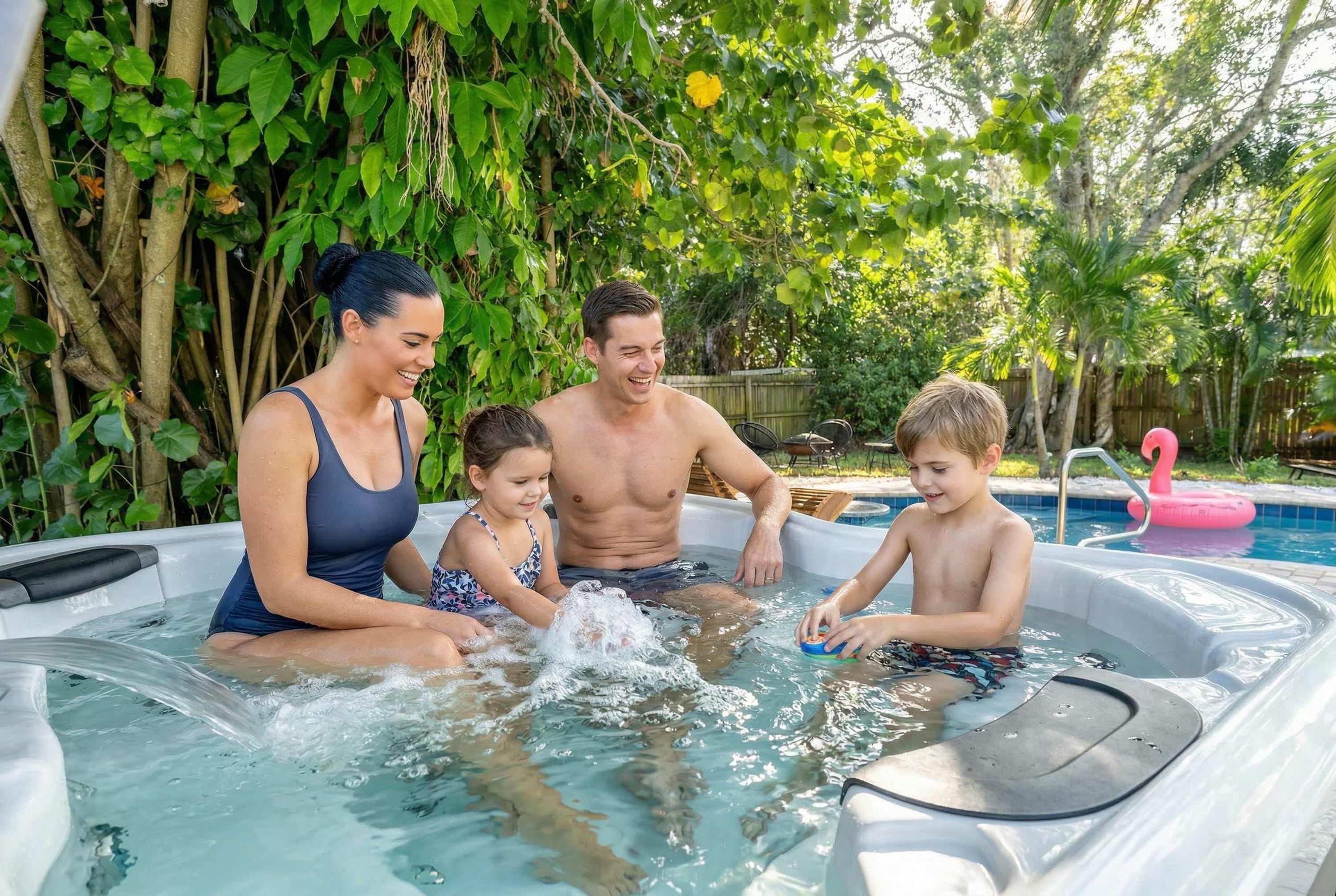 A family in a hot tub surrounded by lush greenery.