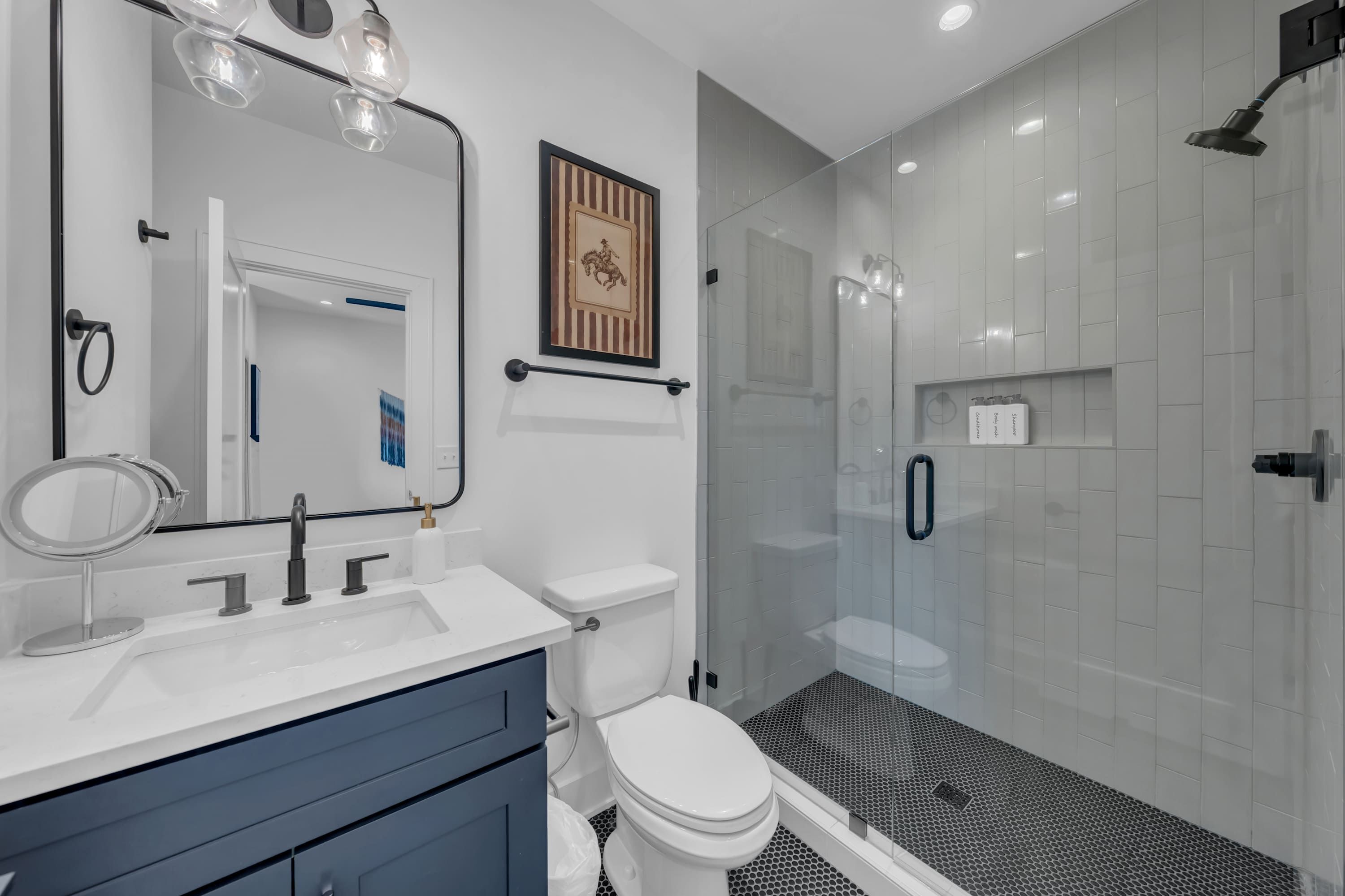 A modern bathroom with a glass-enclosed shower, a white toilet, and a vanity with a mirror.