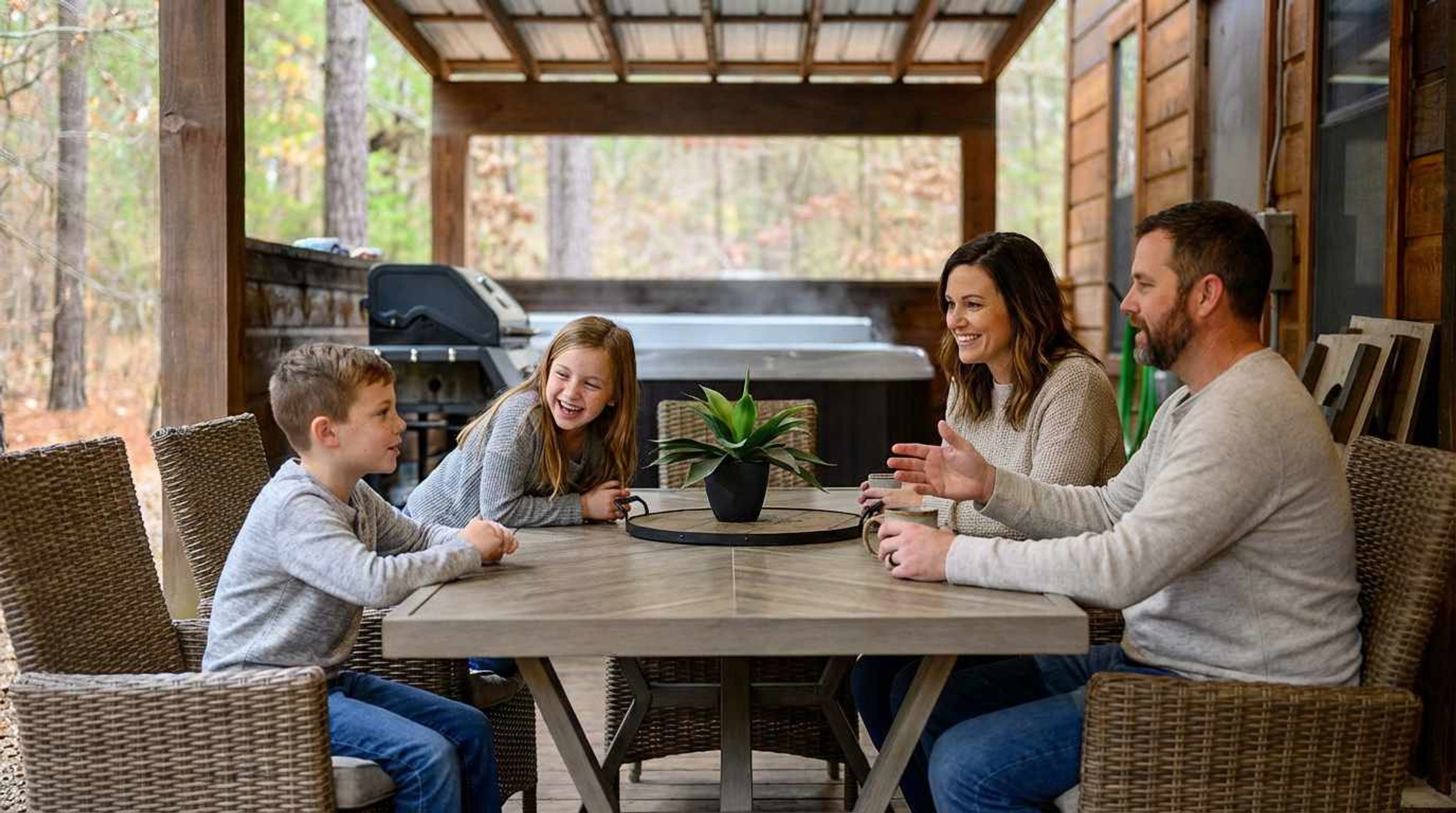 A family of four seated at a round table with a potted plant, in a covered outdoor area with a grill in the background.