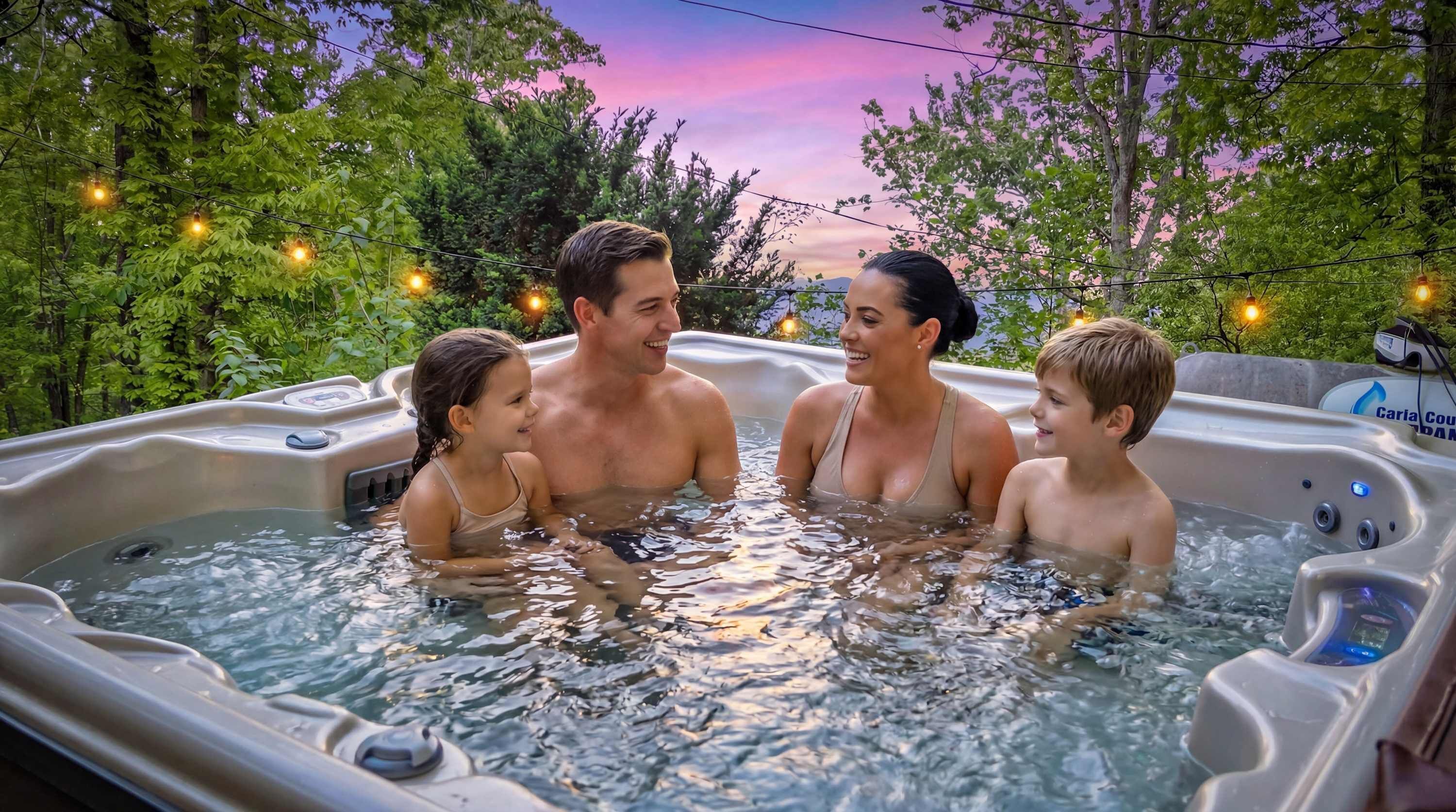 A family of four in a hot tub surrounded by greenery and string lights.