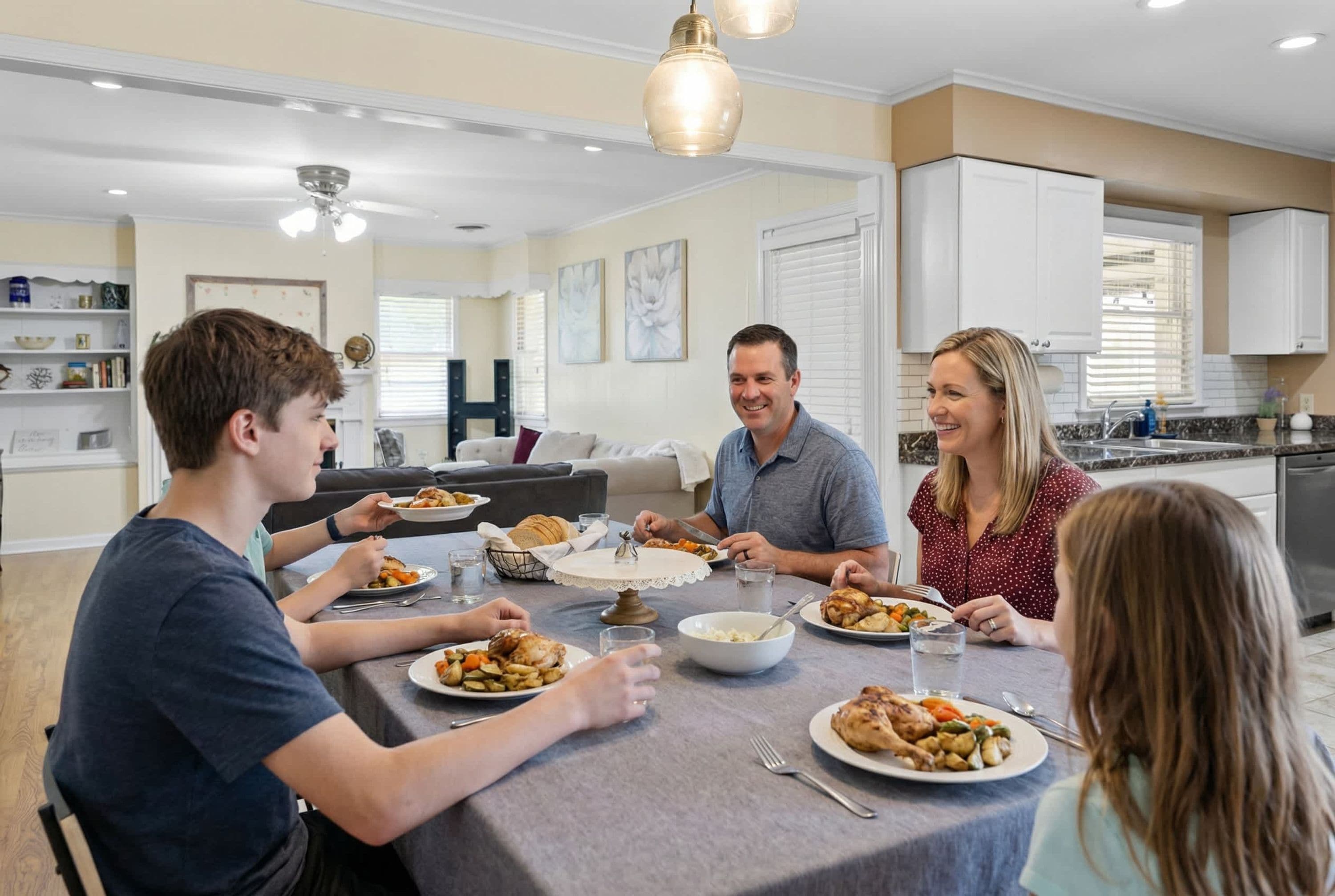 A family dining in a modern kitchen with white cabinets, a dining table, and a ceiling fan.