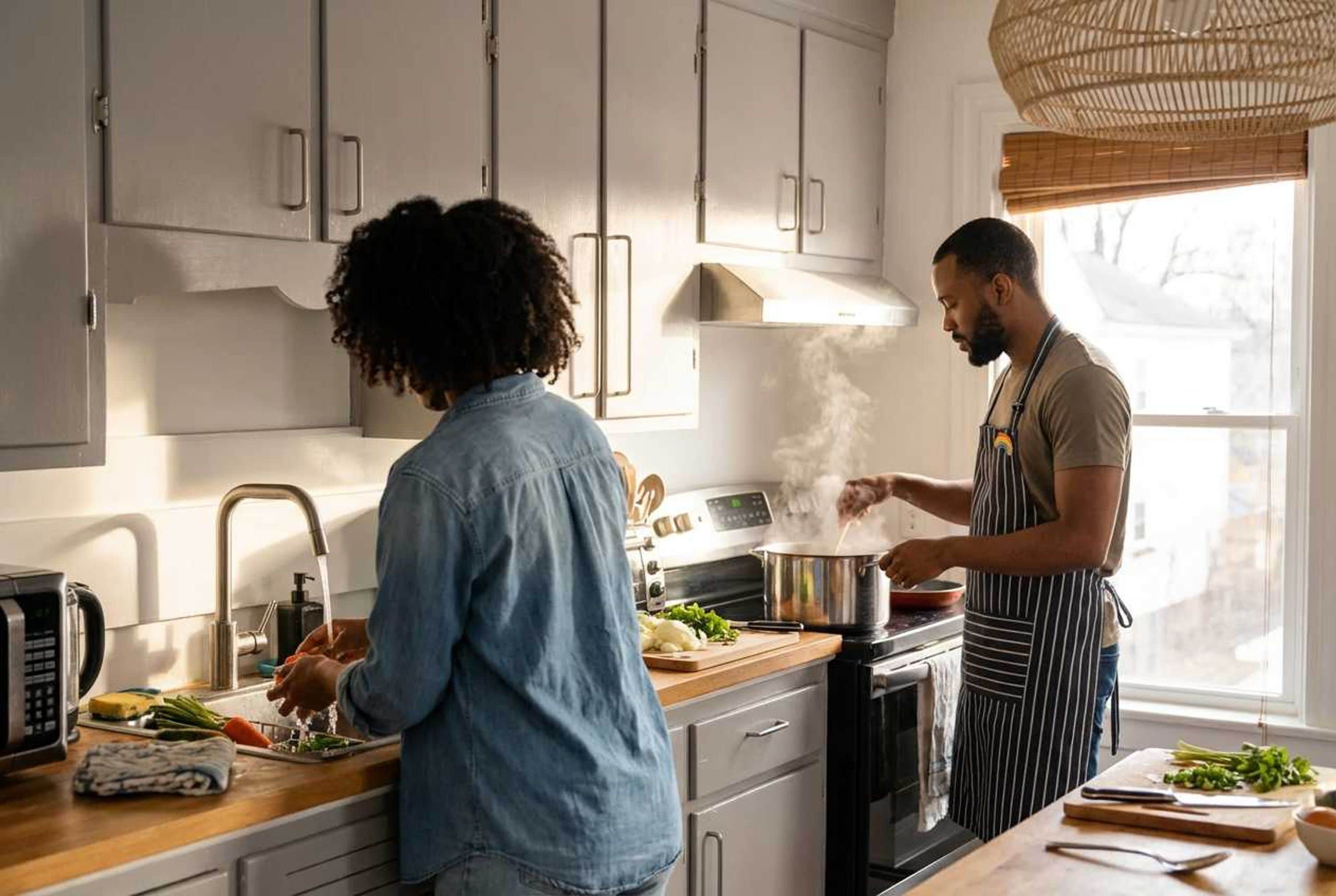 Een moderne keuken met roestvrijstalen apparatuur, een houten aanrechtblad en een raam dat voor natuurlijk licht zorgt.