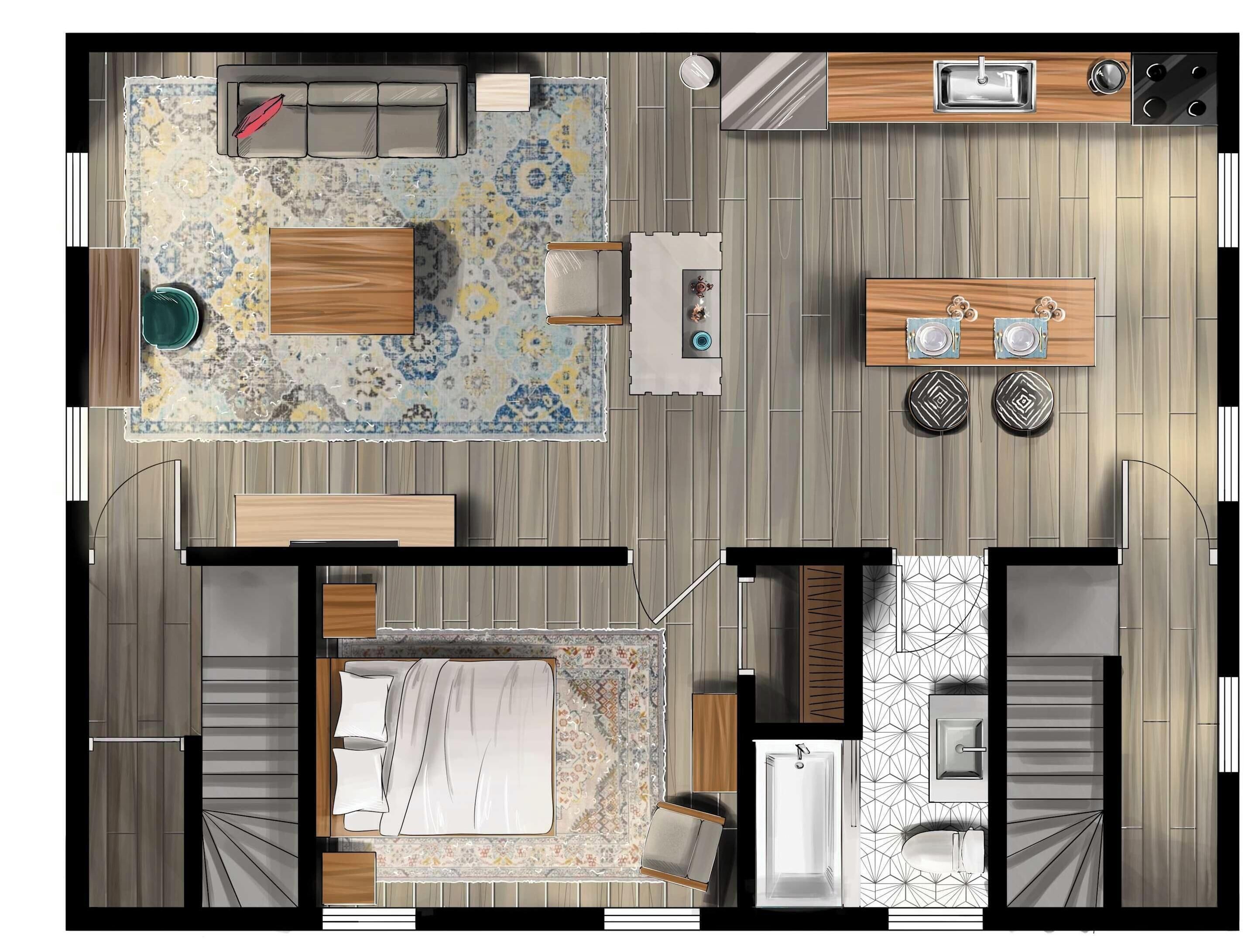 A hotel room layout with a bed, seating area, kitchenette, and bathroom.