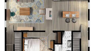 A hotel room layout with a bed, seating area, kitchenette, and bathroom.