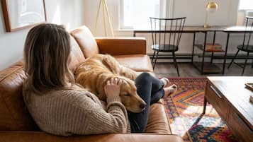 A person sitting on a leather couch with a dog, in a room with a dining table and chairs, and a floor lamp.