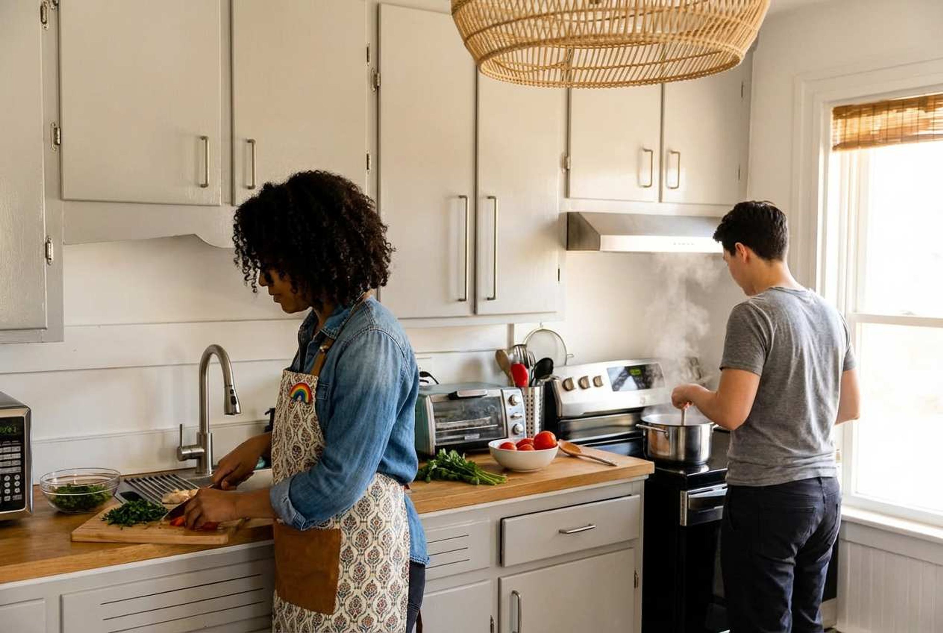 A kitchen with white cabinets, a wooden countertop, a stove, and a person cooking.