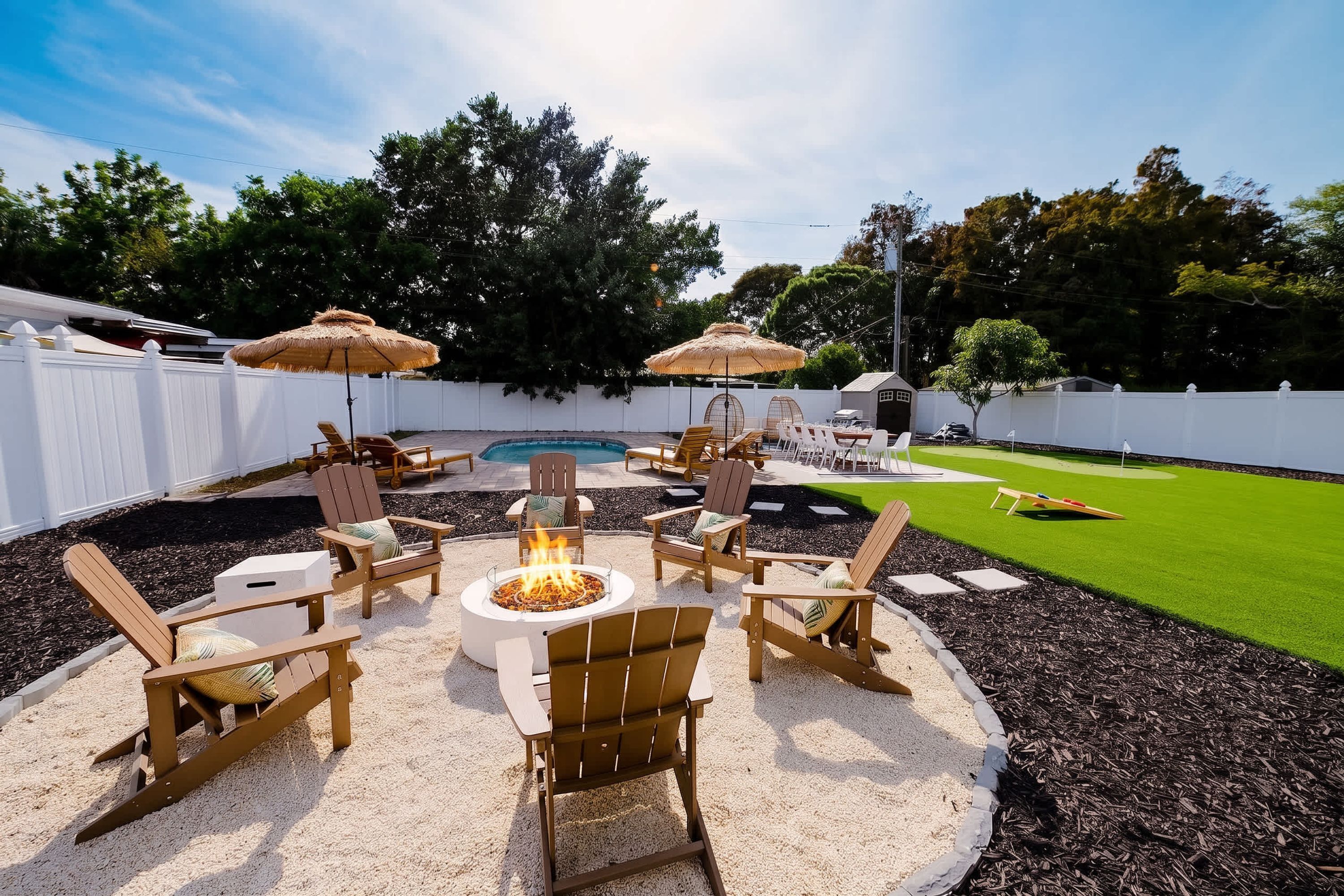 An outdoor patio with a fire pit, seating, and a swimming pool.