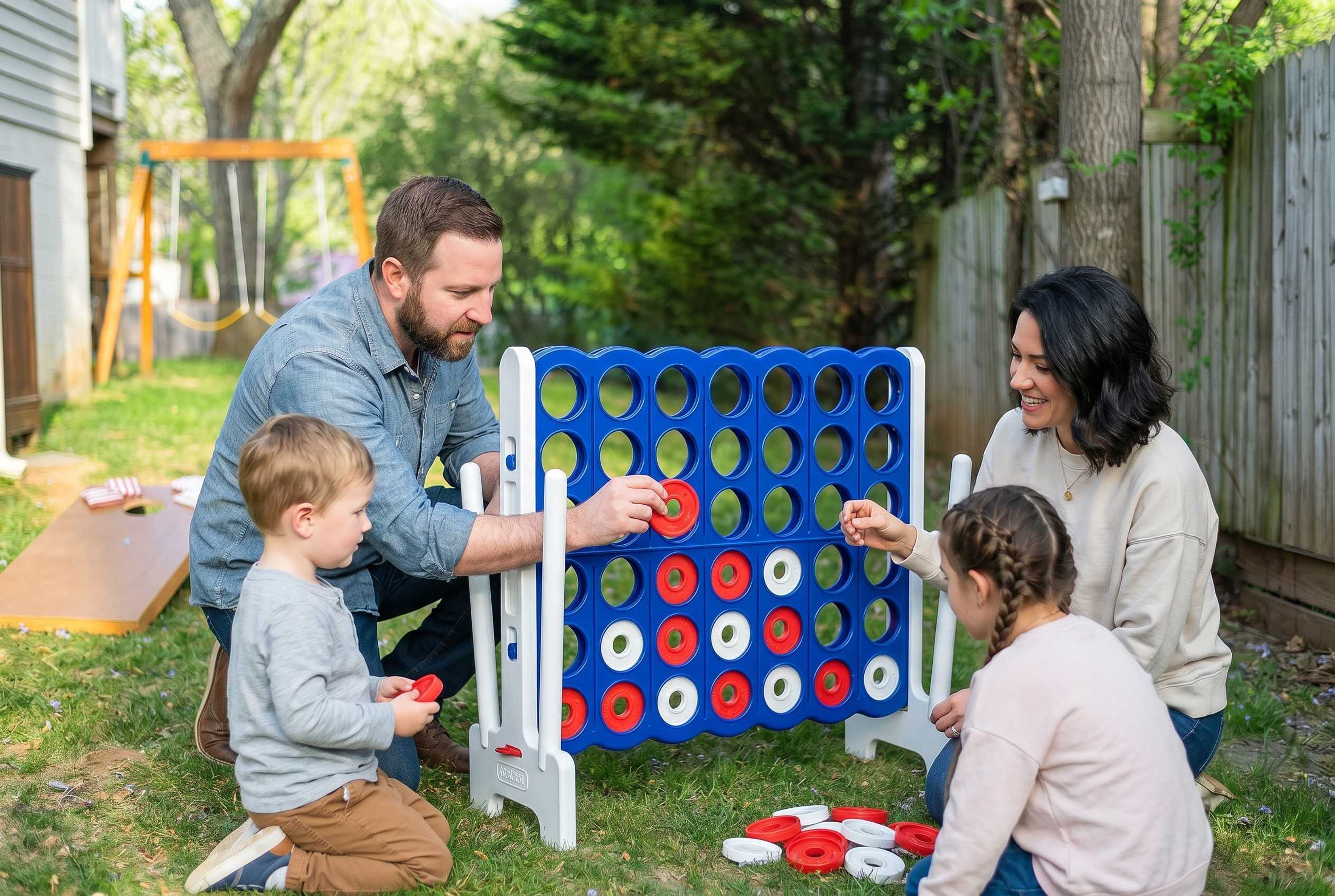 A family playing a board game outdoors with a wooden table and a grassy yard in the background.