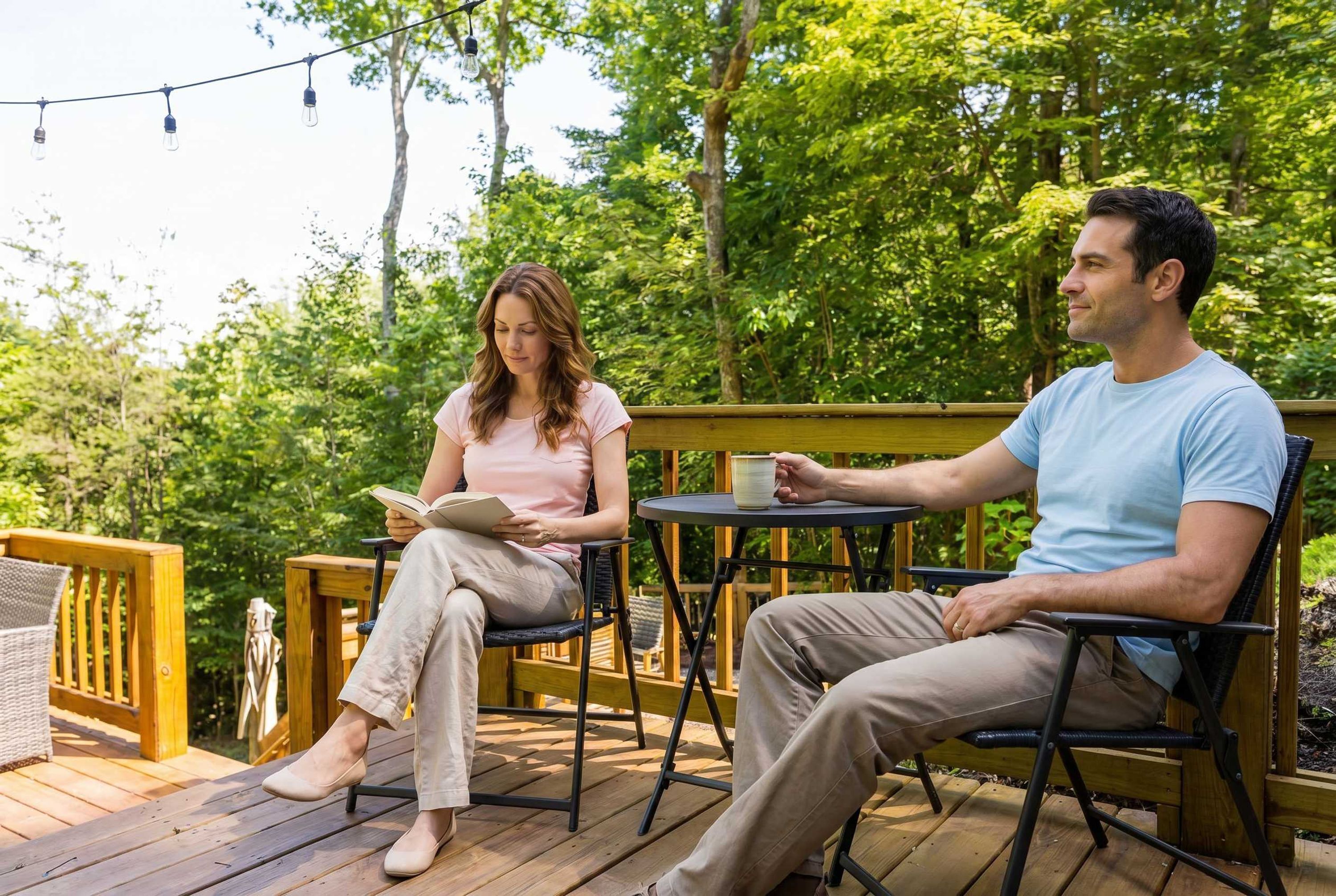 Un couple est assis sur une terrasse en bois, devant une table et des chaises, entouré de verdure.