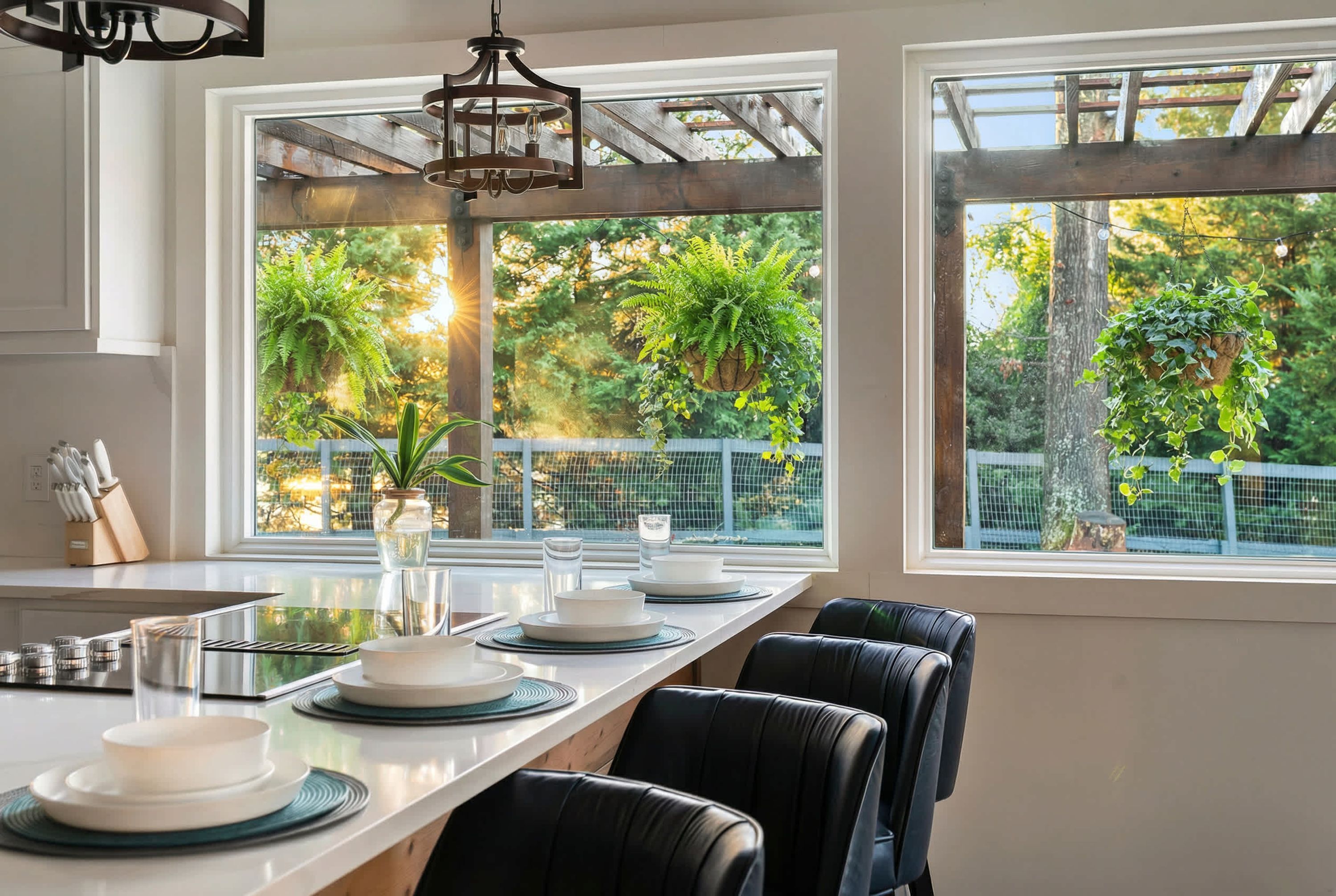 A modern kitchen with a long island, white countertops, and a view of a lush garden through large windows.