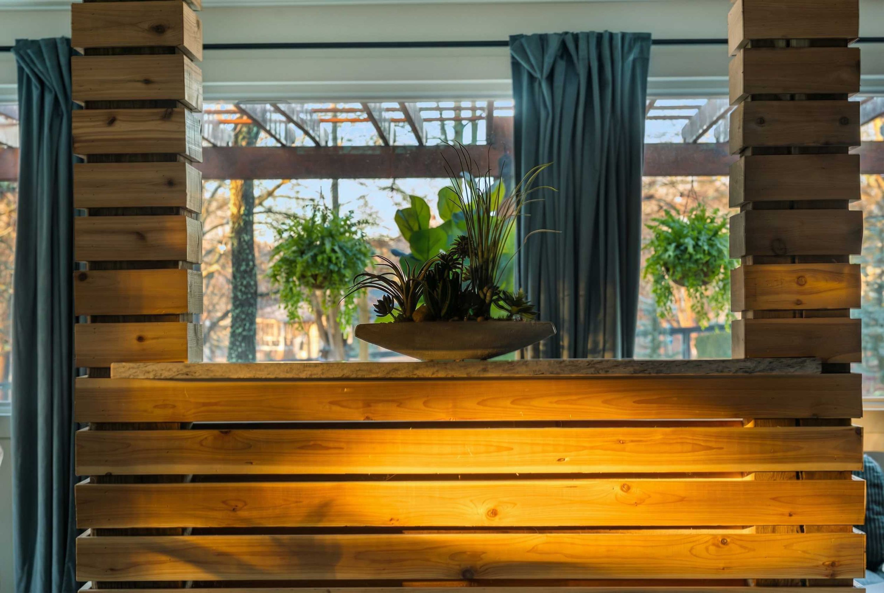 A wooden bench with a potted plant in the center, set against a window with curtains.