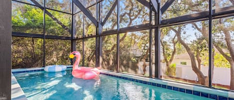 An indoor swimming pool with clear glass walls, a pink flamingo float, and a blue and white inflatable ring.
