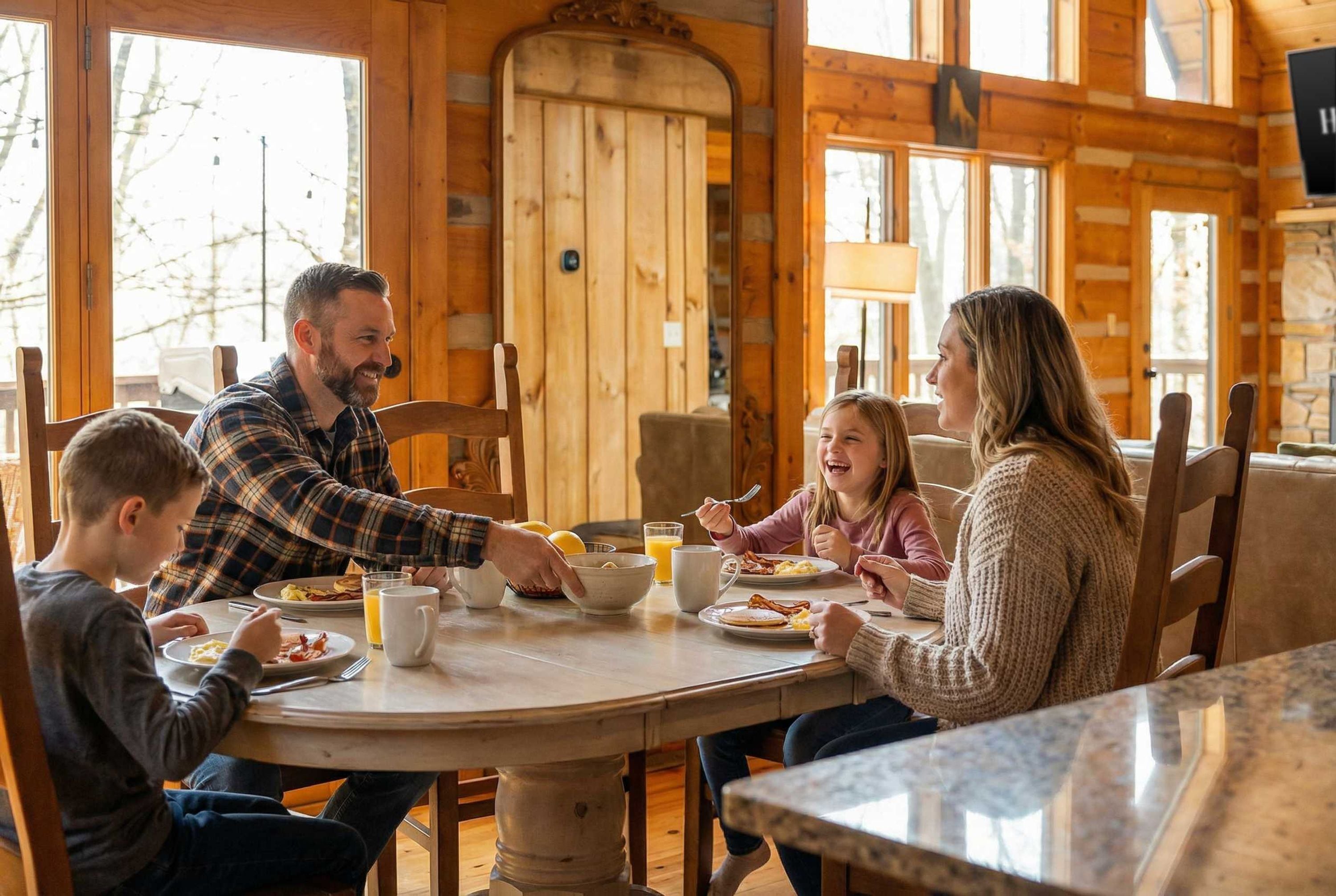A family dining in a wooden cabin with a round table and chairs.